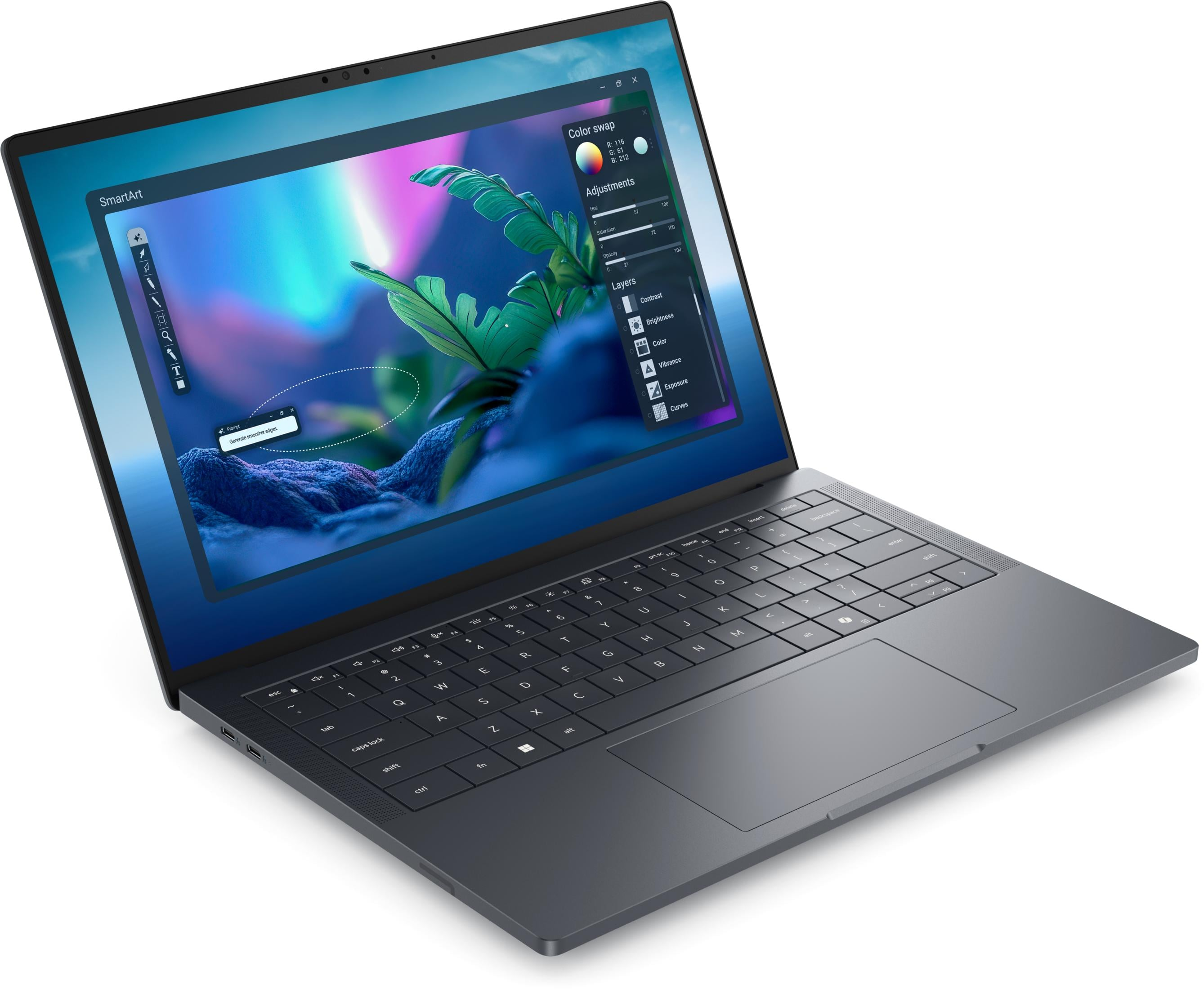 Ein dunkles Laptop mit einem Bildschirm, auf dem ein Bildbearbeitungsprogramm geöffnet ist.