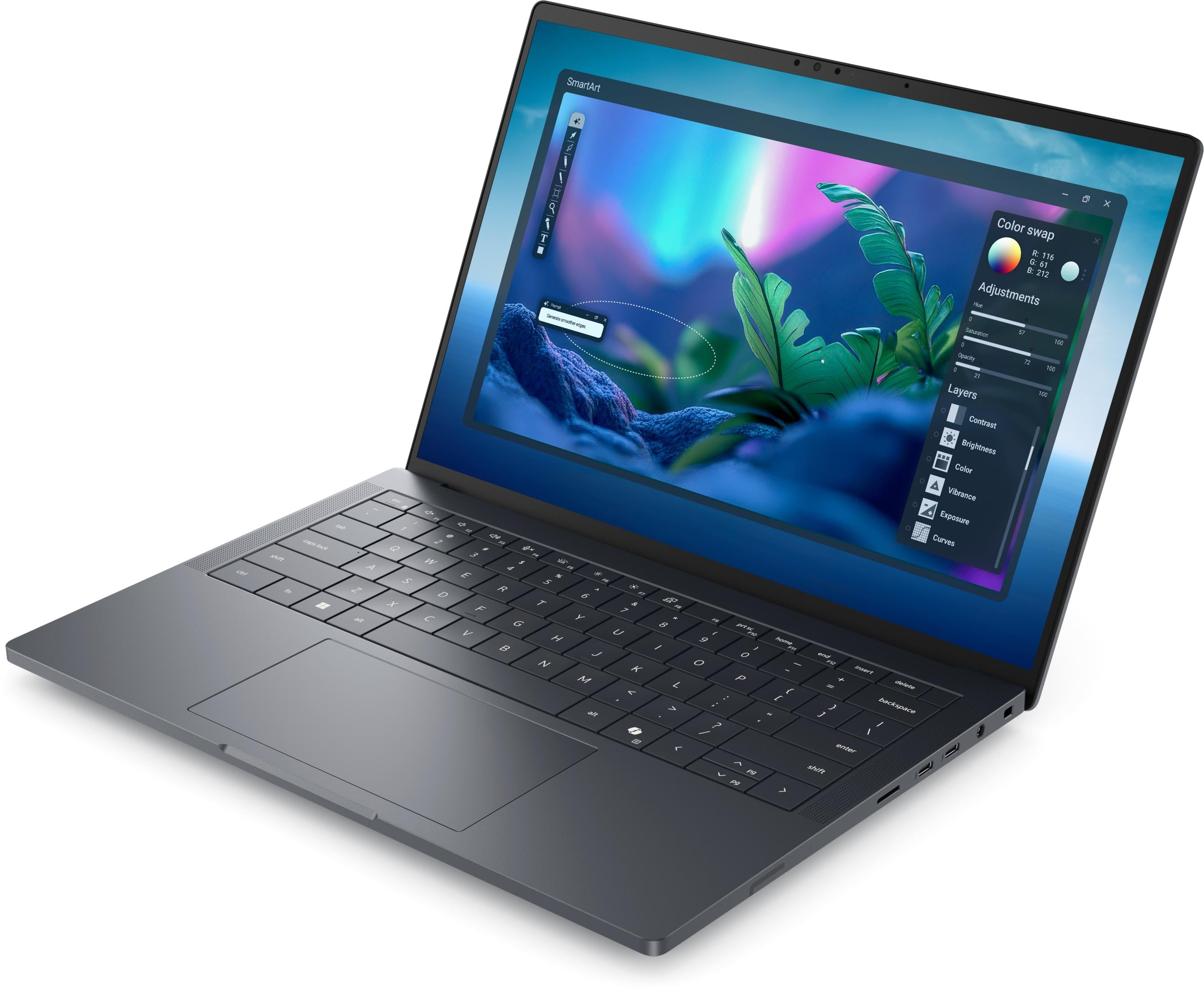 Ein dunkles Laptop mit einem Bildbearbeitungsprogramm auf dem Bildschirm.
