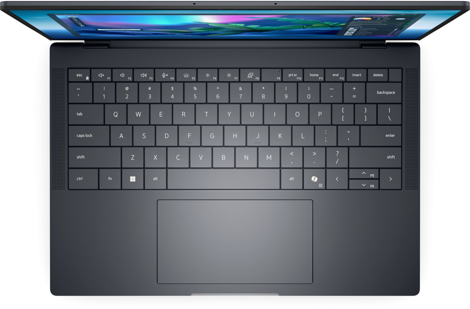 Draufsicht eines dunkelgrauen Laptops mit geöffnetem Bildschirm, der einen bunten Desktop-Hintergrund zeigt.