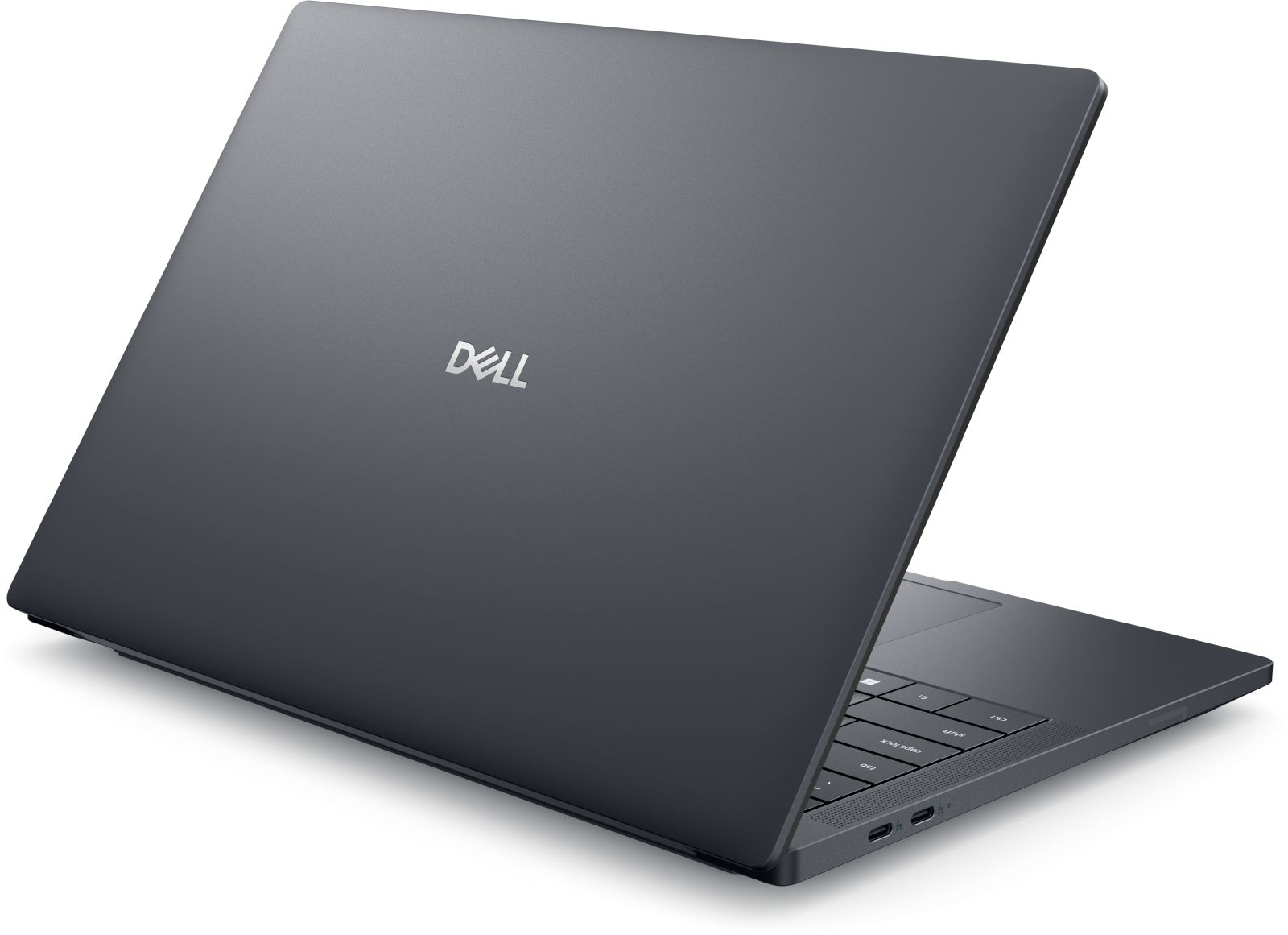 Ein geschlossener, dunkelgrauer Dell Laptop auf weißem Hintergrund.