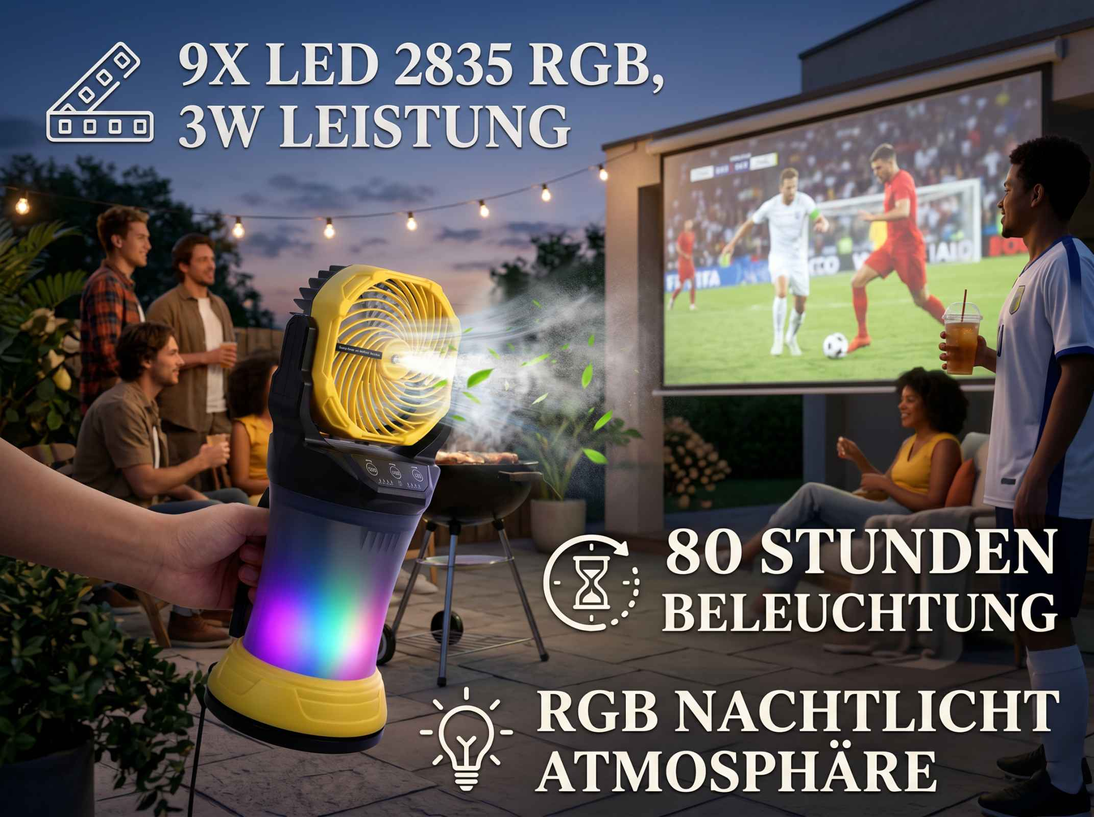 Ein gelber Ventilator mit RGB-Licht steht auf einer Terrasse, während Leute Fußball schauen und grillen.