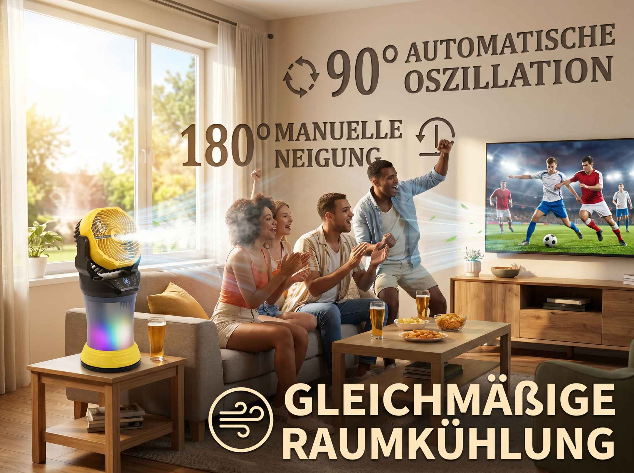 Freunde schauen Fußball, ein Ventilator kühlt den Raum, bunte Lichter.