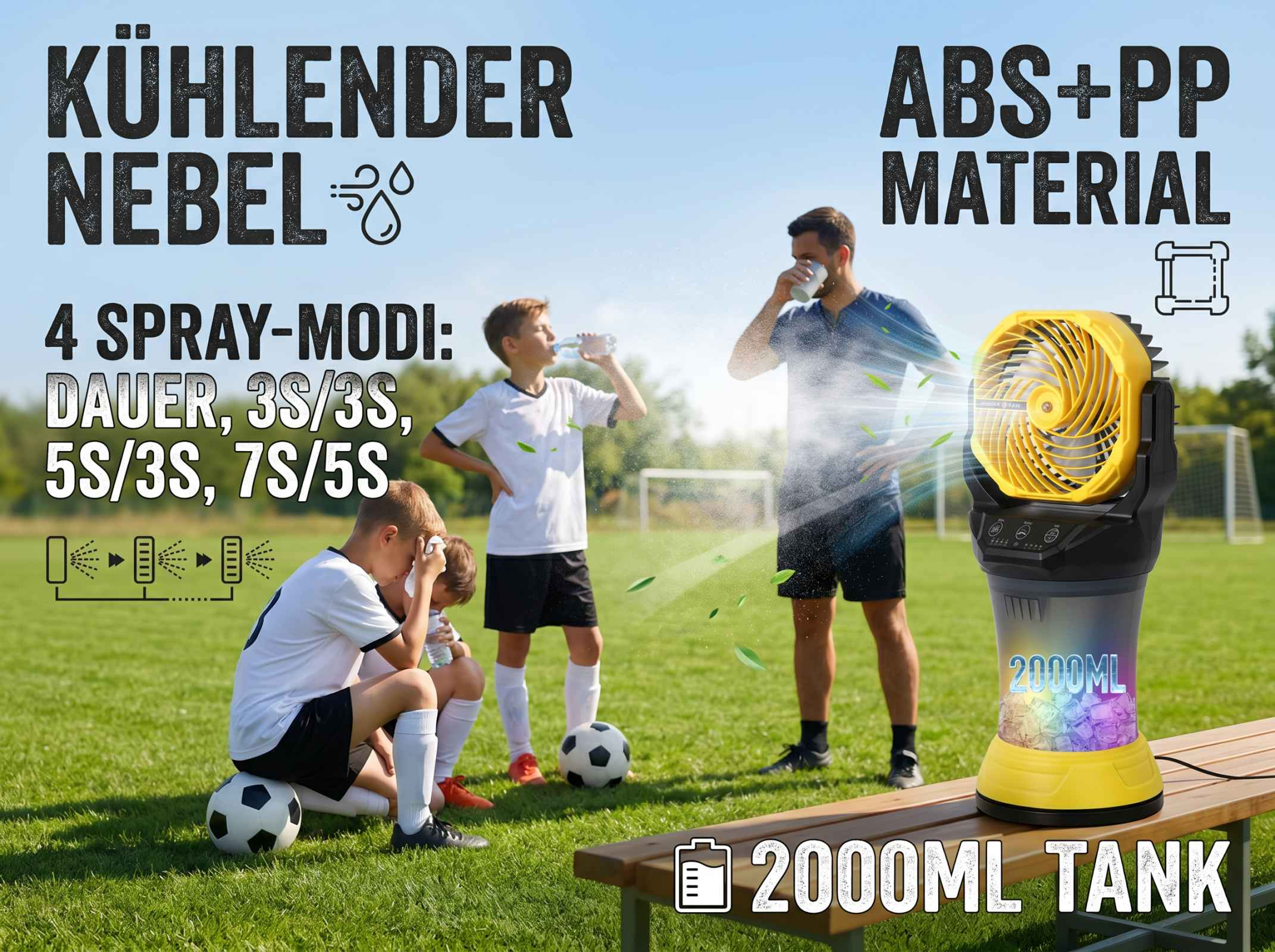 Ein Mann und Kinder auf einem Fußballfeld mit einem Nebelventilator.