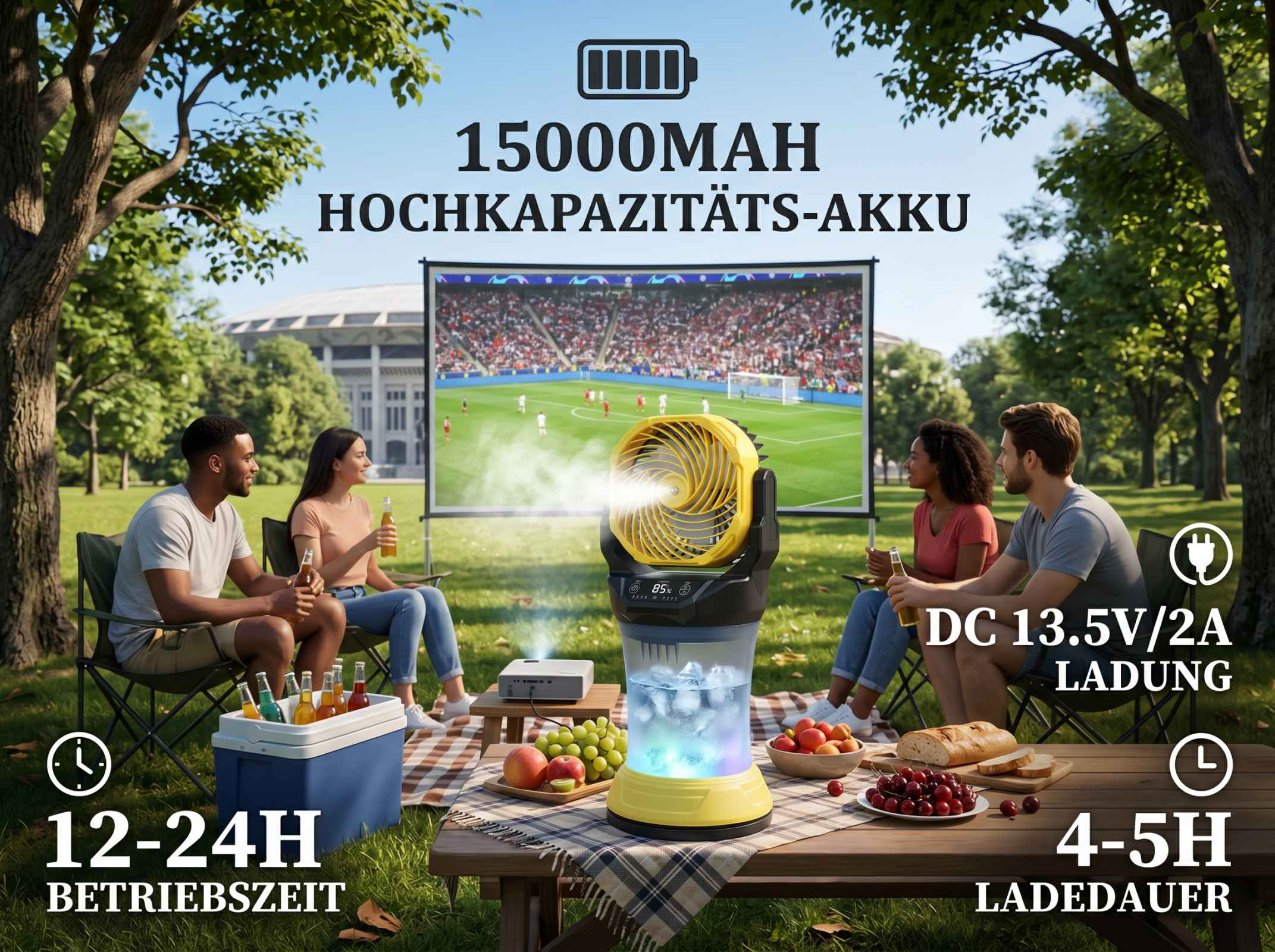 Leute schauen Fußball auf Leinwand im Park. Ein Ventilator kõhlt.