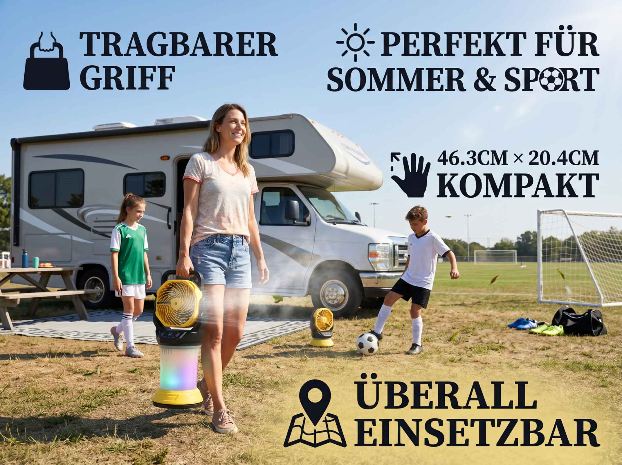 Tragbarer Ventilator neben Wohnmobil, Kinder spielen Fußball.
