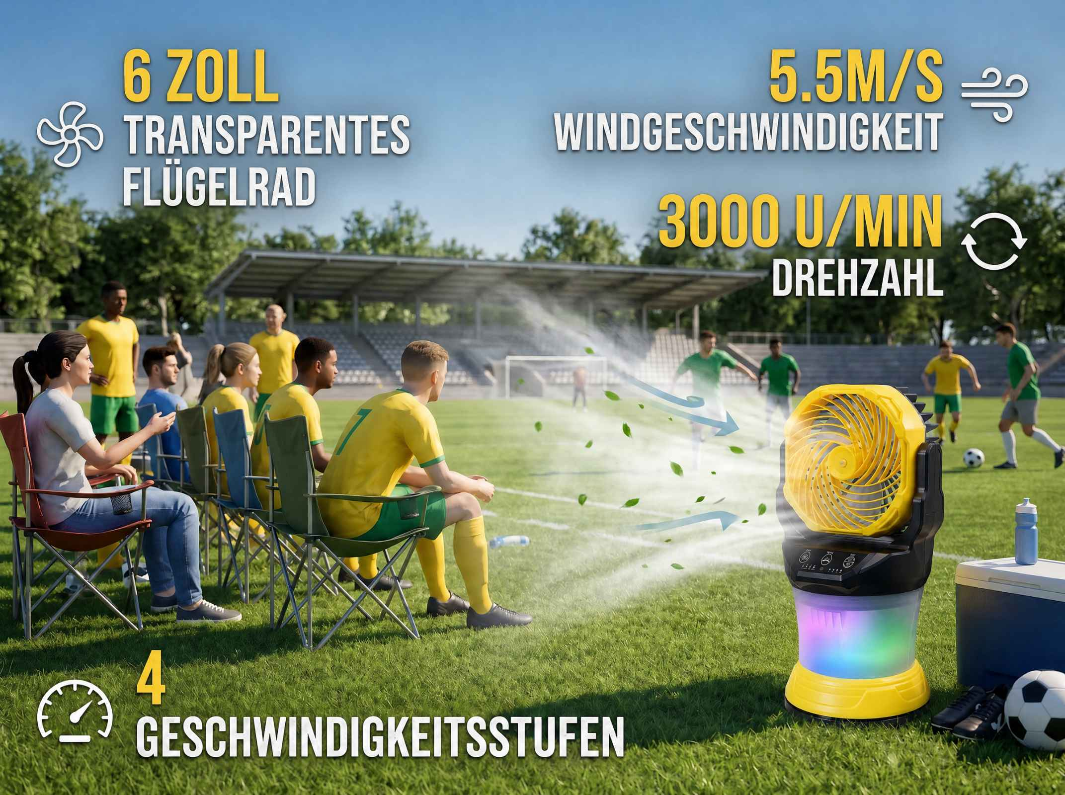 Ein gelber Ventilator kühlt Fußballspieler auf einem Spielfeld.