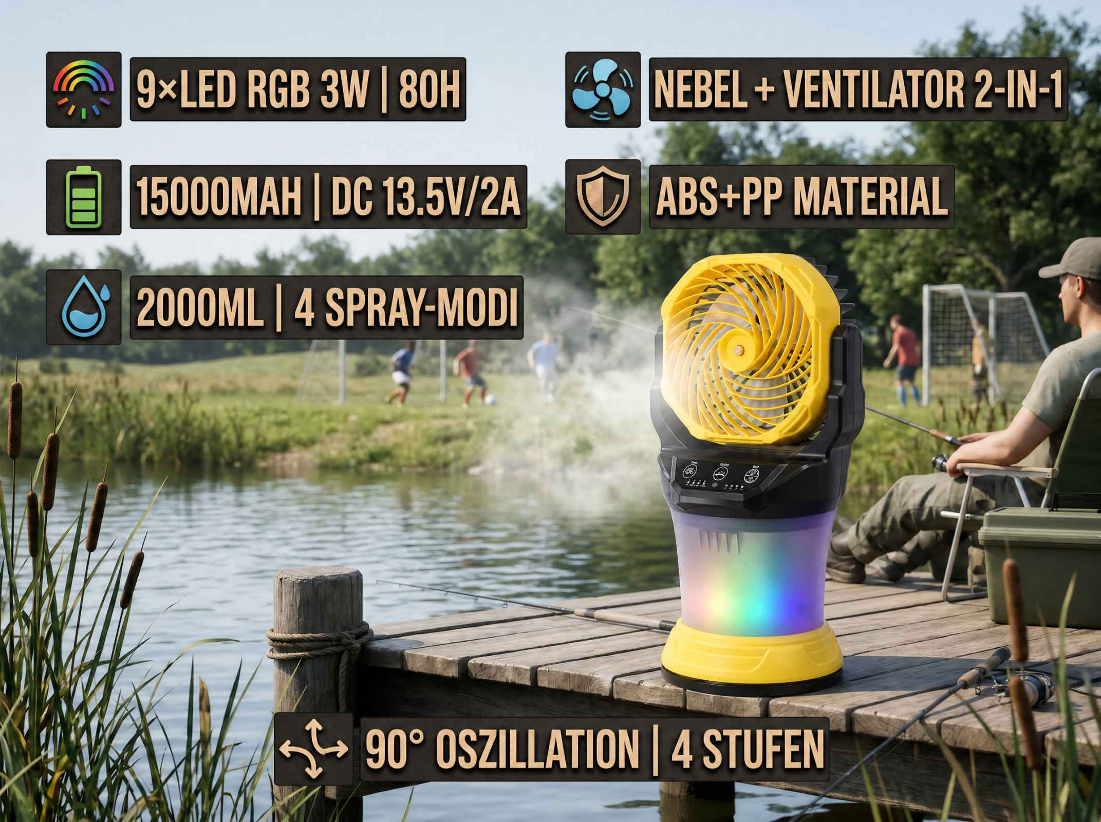 Ein gelber Nebelventilator mit RGB-Licht steht auf einem Holzsteg am Wasser.