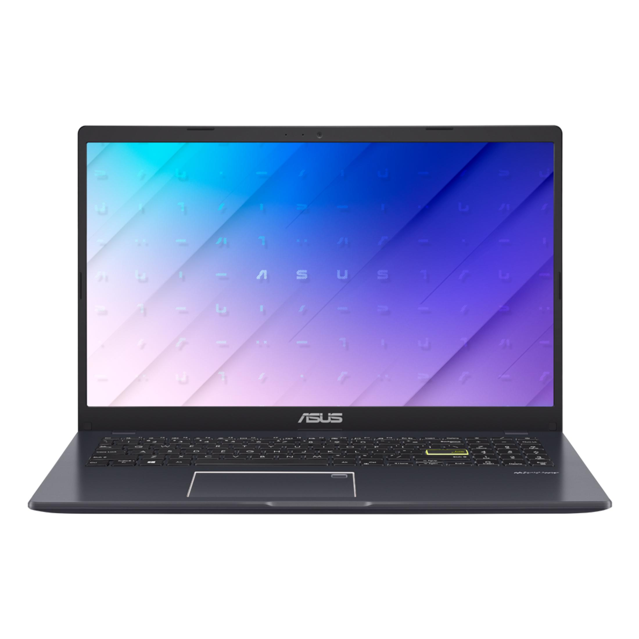 Ein dunkler Asus Laptop mit einem blauen und pinken Hintergrund.