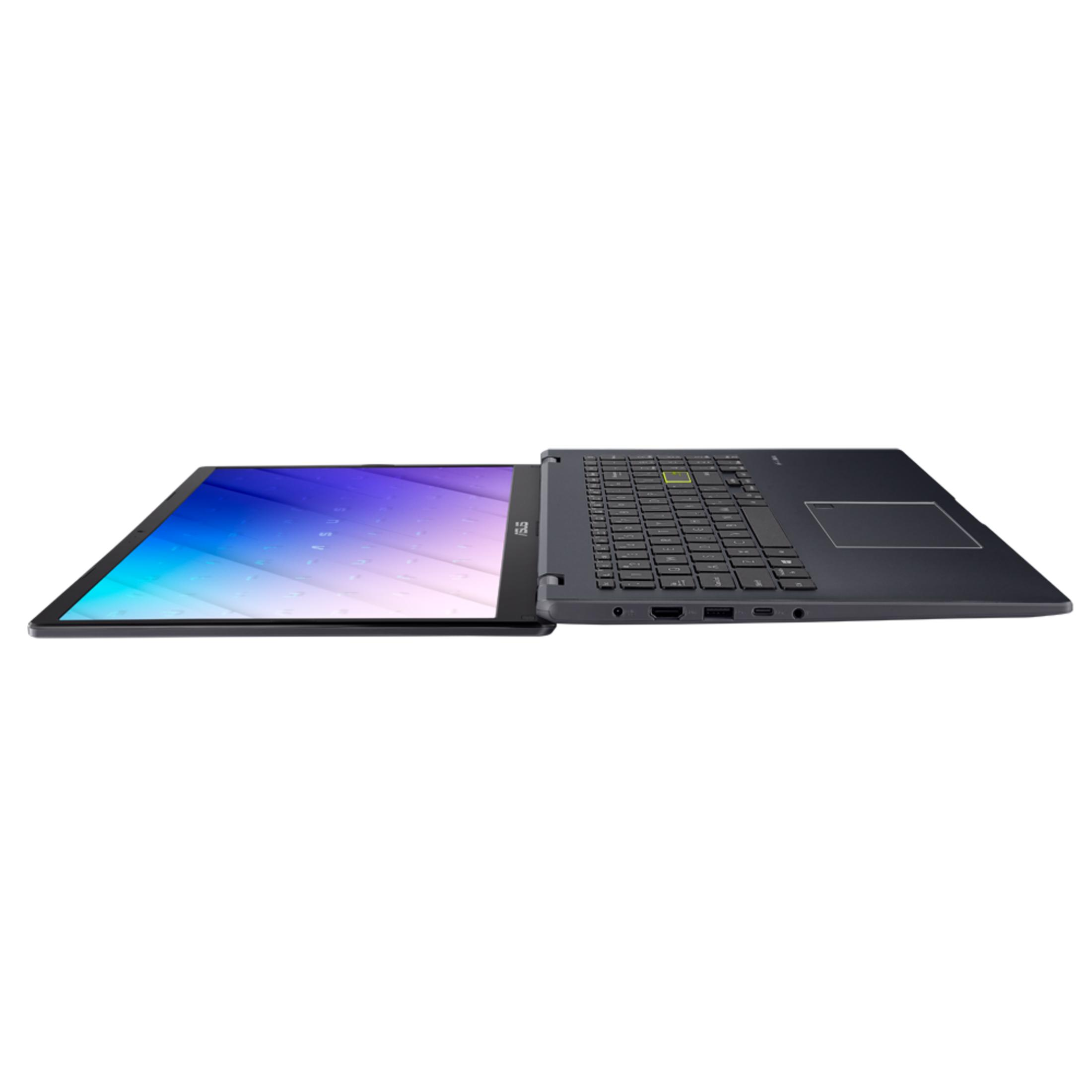 Ein geöffneter, dunkler Laptop mit Tastatur und Touchpad auf weißem Hintergrund.