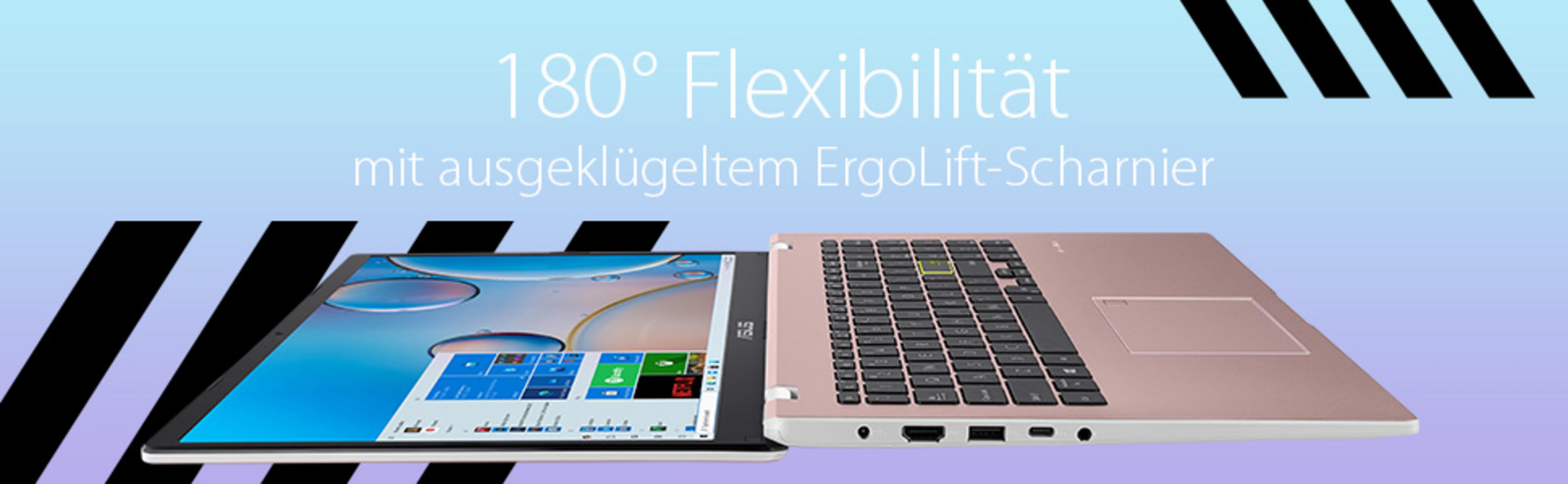 Ein roségoldener Laptop mit 180° flexibler Ansicht, geöffnet, mit Tastatur und Bildschirm.