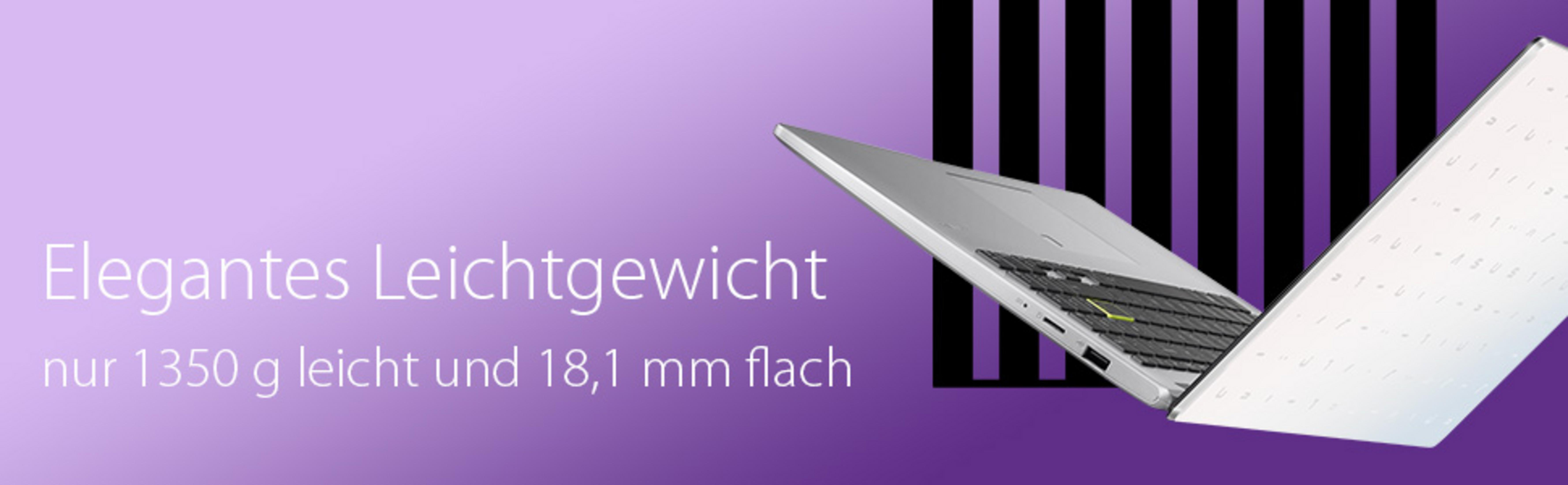 Silberner Laptop mit Tastatur und lila-schwarzem Streifen-Hintergrund.