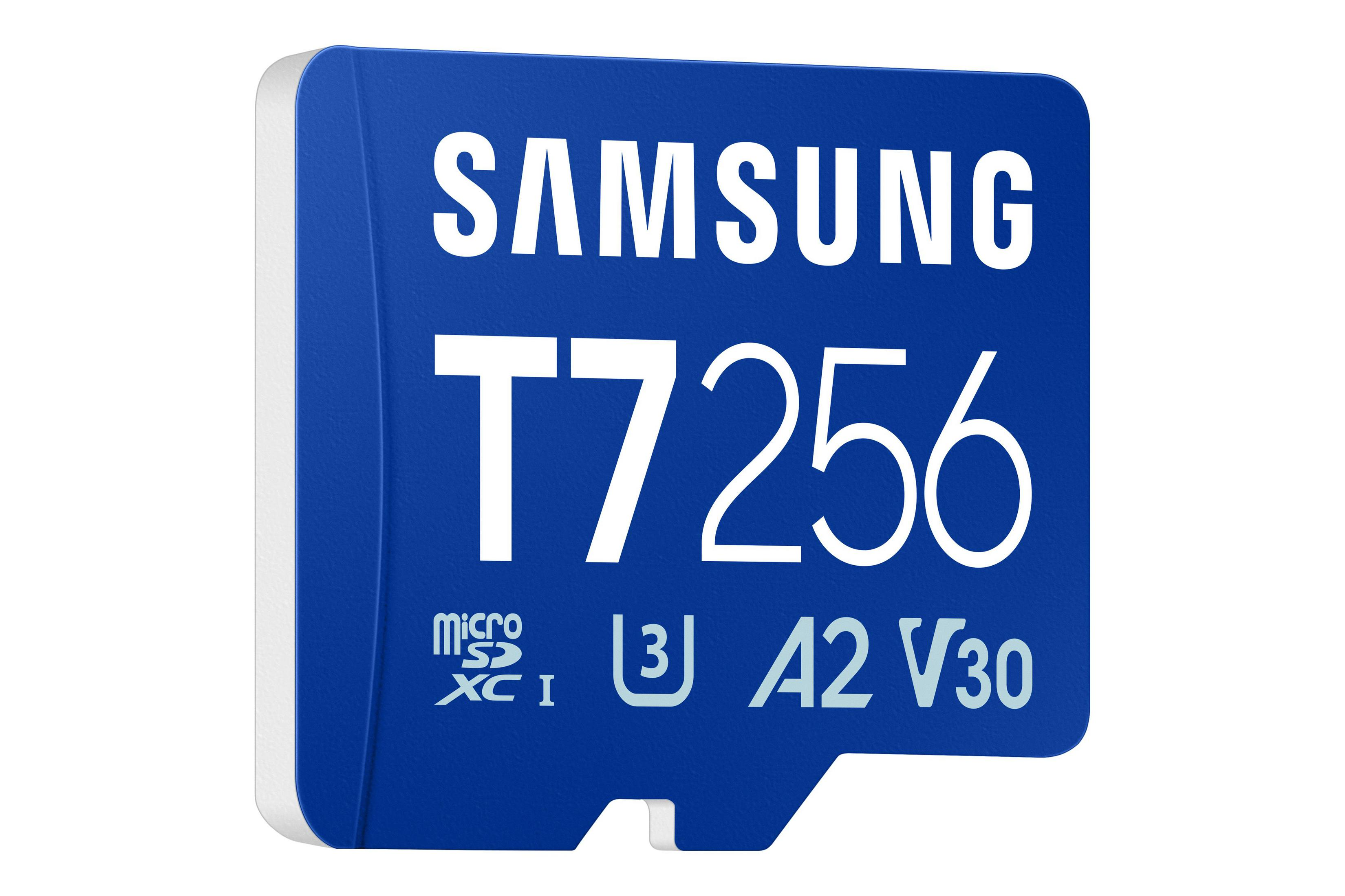 Samsung T7 256GB Micro SDXC Speicherkarte mit A2 und V30 Kennzeichnung.