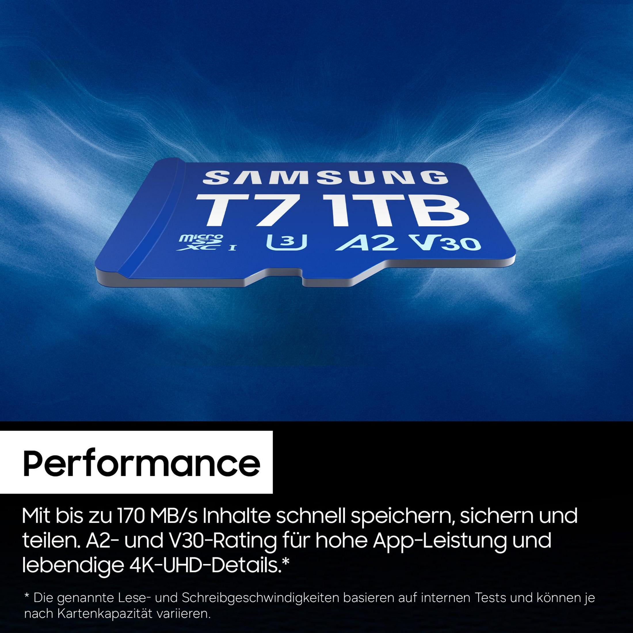 Samsung T7 1TB MicroSDXC Karte mit A2 und V30 Rating auf blauem Hintergrund.