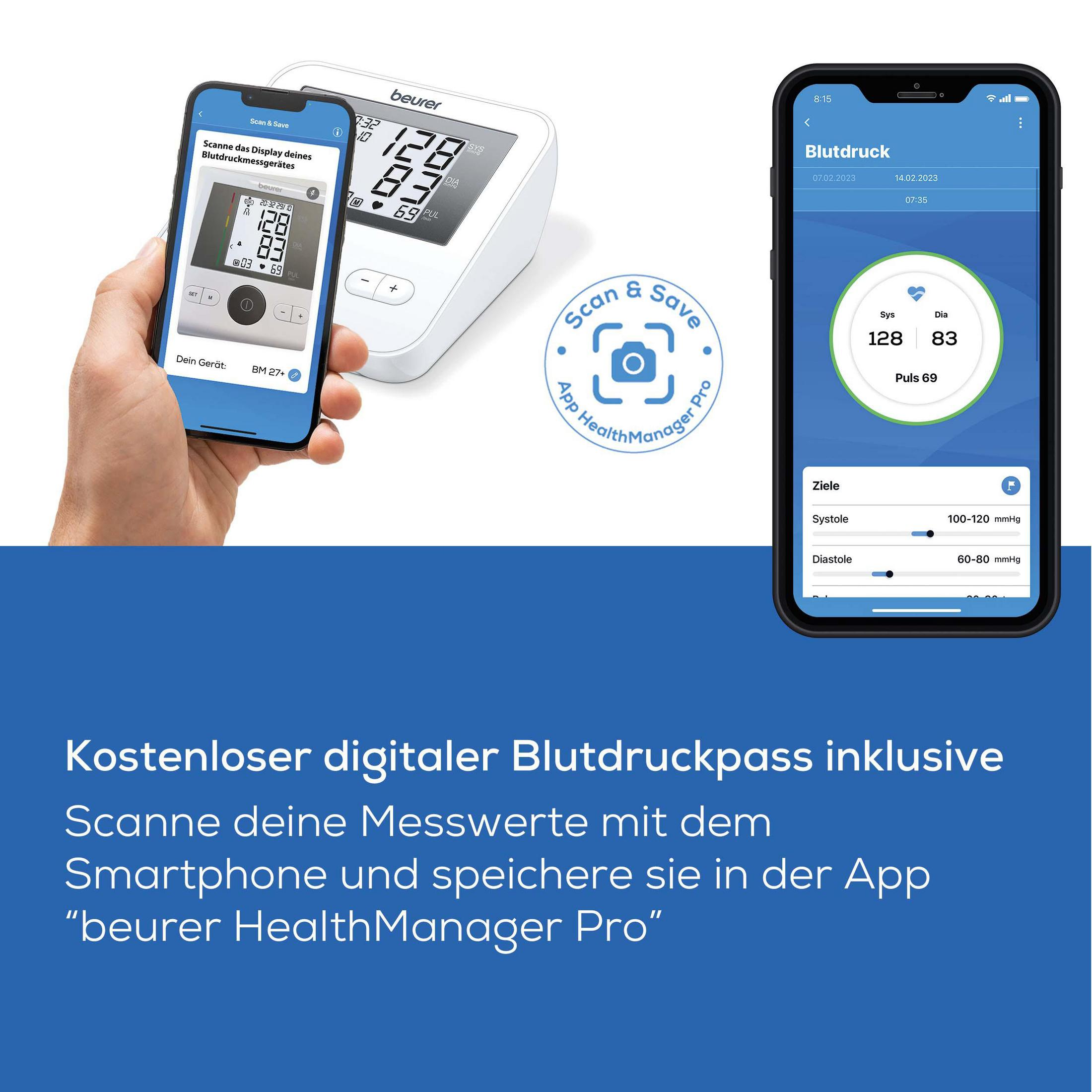 Ein Smartphone scannt ein Beurer Blutdruckmessgerät. daneben eine App-Anzeige mit Werten.