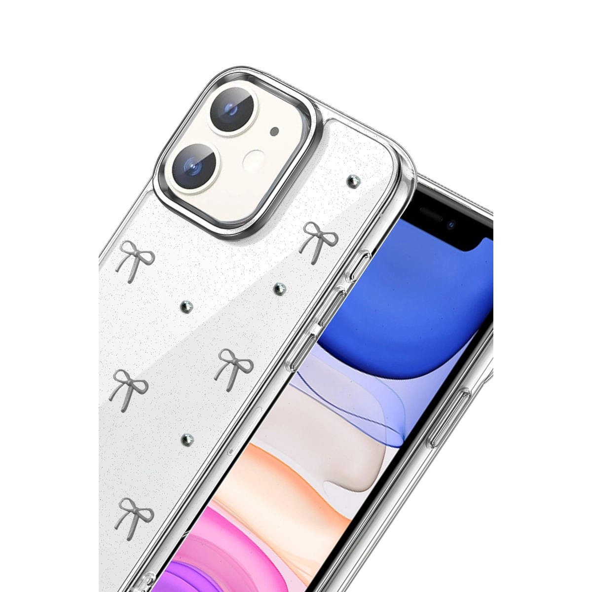 Sim, fiyonk desenli ve taşlı şeffaf telefon kılıfı. Telefon ekranı görünür.