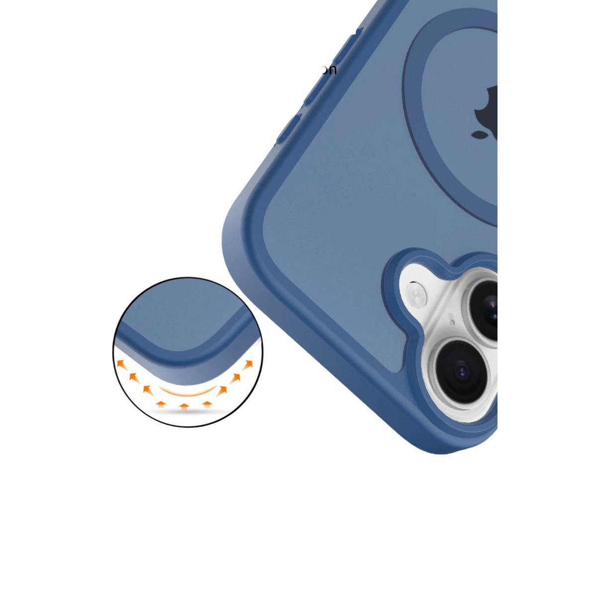 Kamera açıklığı ve güçlendirilmiş köşelere sahip mavi telefon kılıfı.