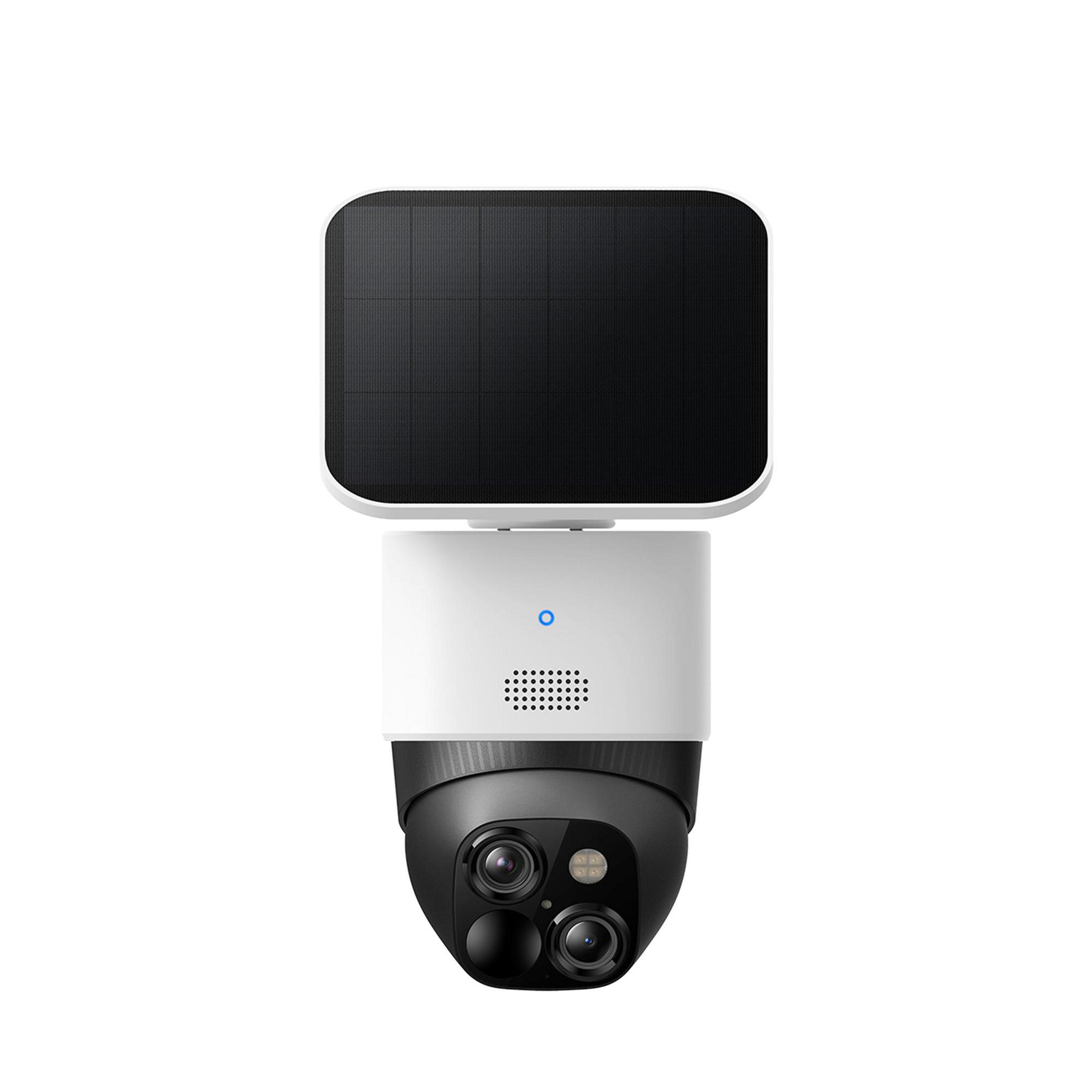 Una telecamera di sorveglianza con pannello solare, due lenti e LED infrarossi.