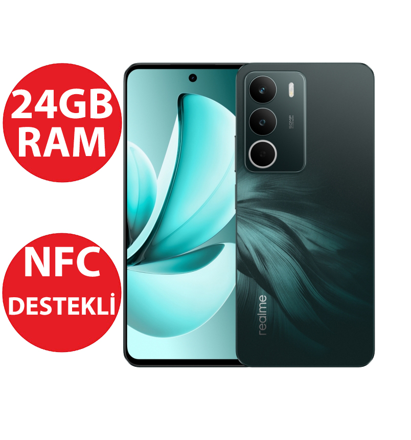 3 kameralı, 24GB RAM'li ve NFC logolu koyu yeşil akıllı telefon.