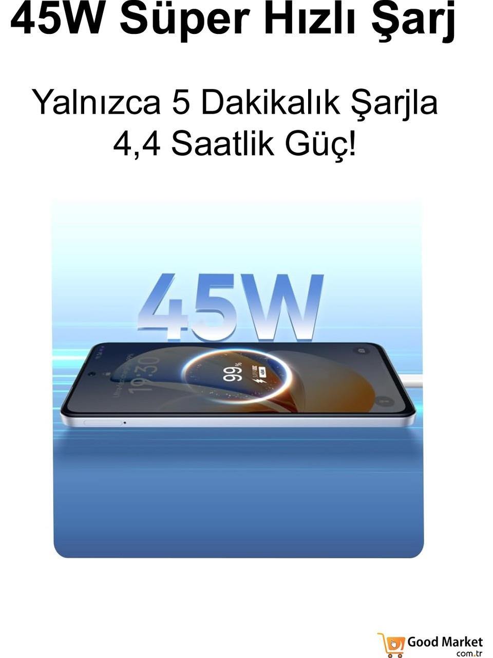 45W hızlı şarj olan bir akıllı telefon gösteriliyor. Ekran %99 şarj gösteriyor.