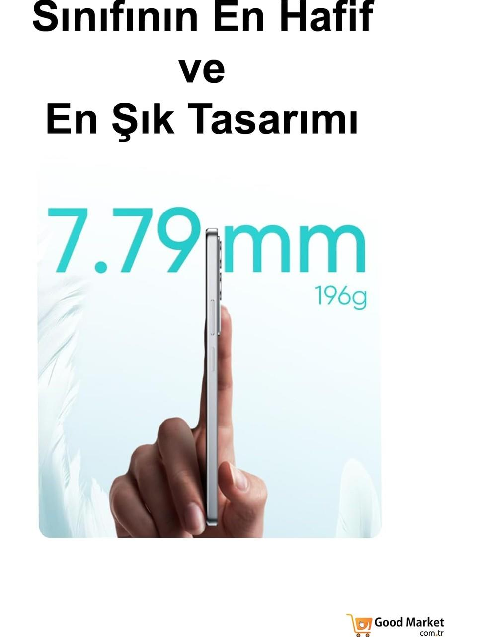 Bir parmak, 7,79 mm kalınlığında ve 196 gr ağırlığında ince bir telefon tutuyor.