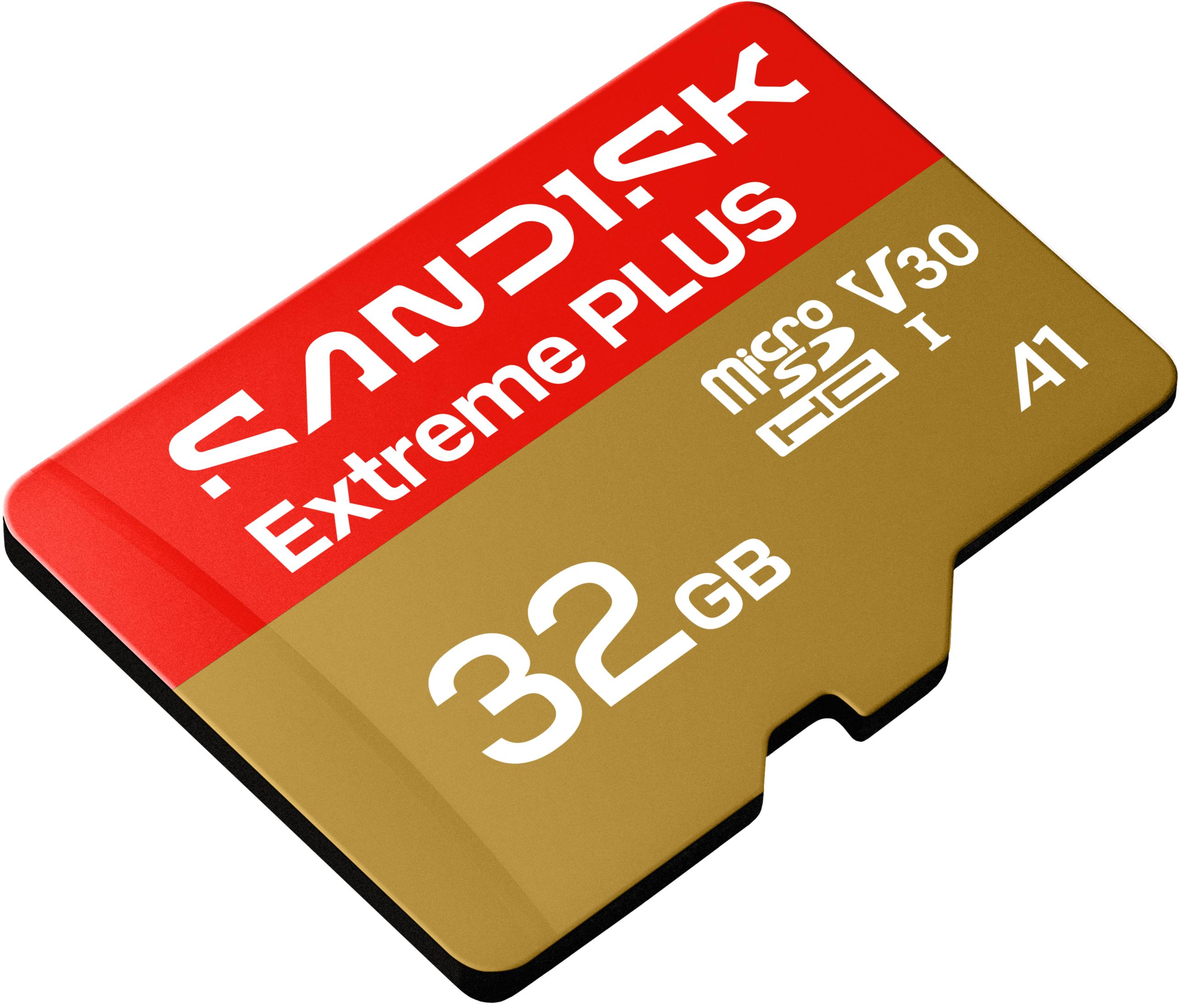 Tarjeta microSD SanDisk Extreme Plus de 32GB, dorada y roja, con texto blanco.