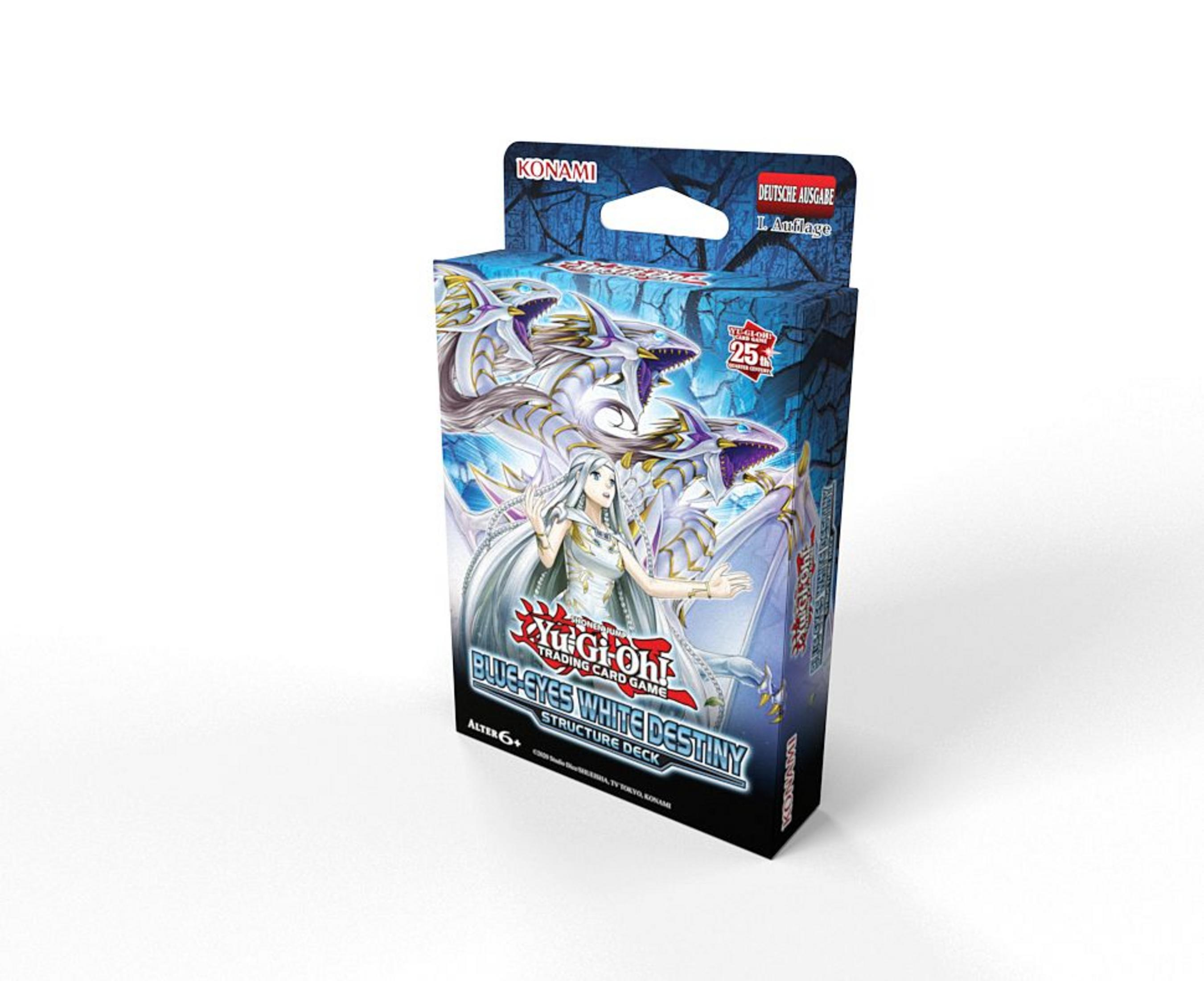 Yu-Gi-Oh! Struktur Deck "Blue-Eyes White Destiny" Box mit Drachen und Frau.