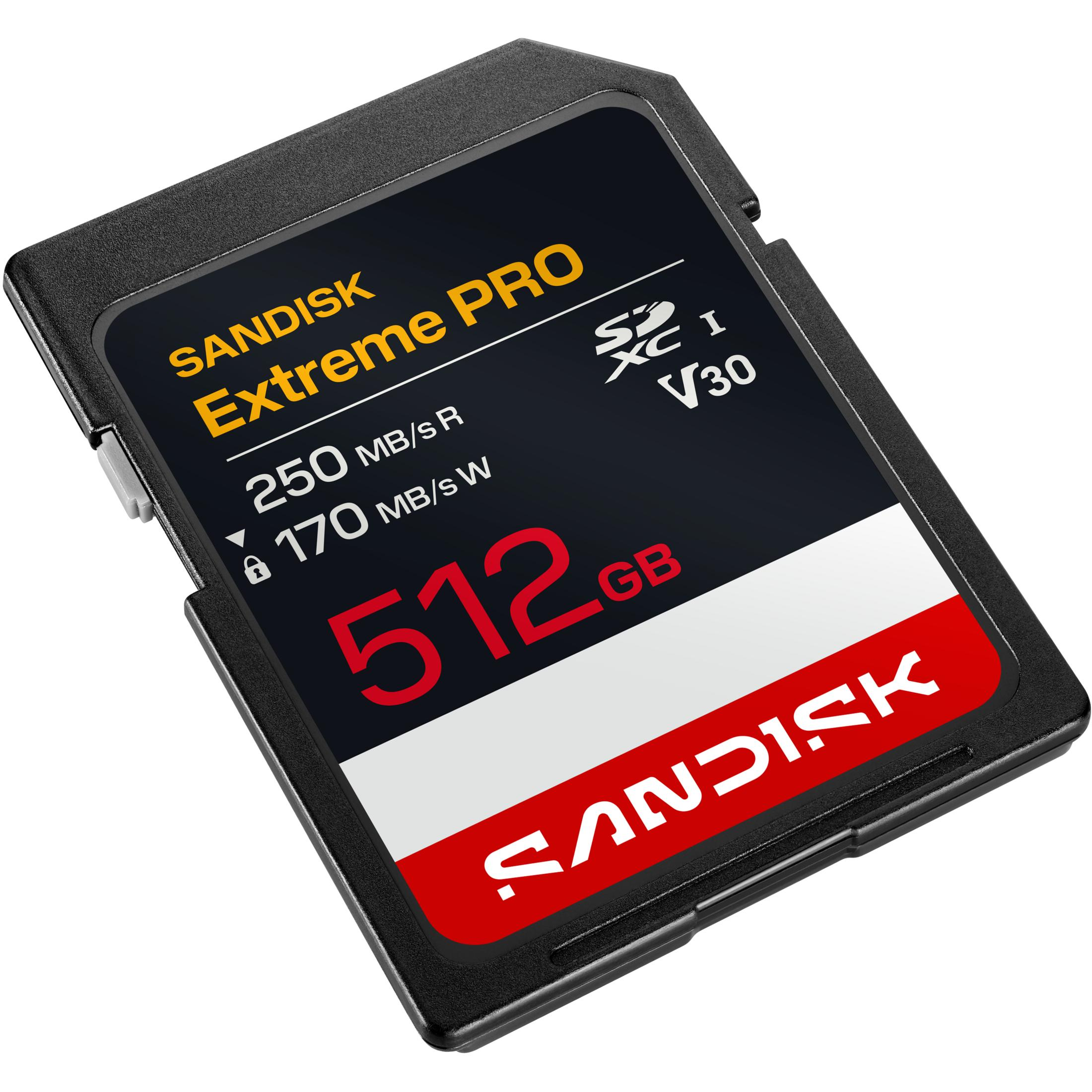 Tarjeta SD Sandisk Extreme PRO de 512 GB con clasificaciones de velocidad.