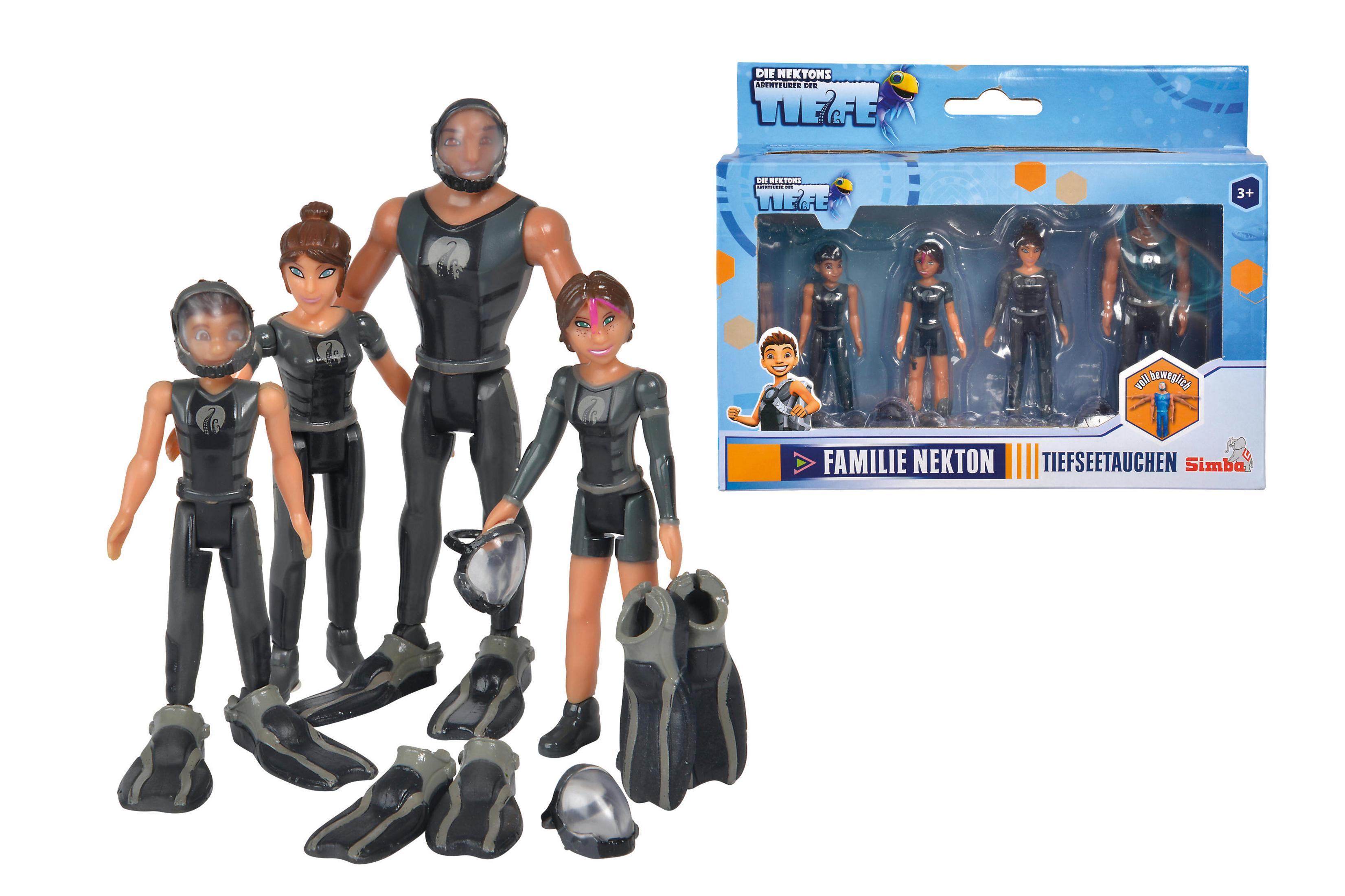 Nektons Familie Spielzeugfiguren in Taucheranzügen mit Flossen und Masken.