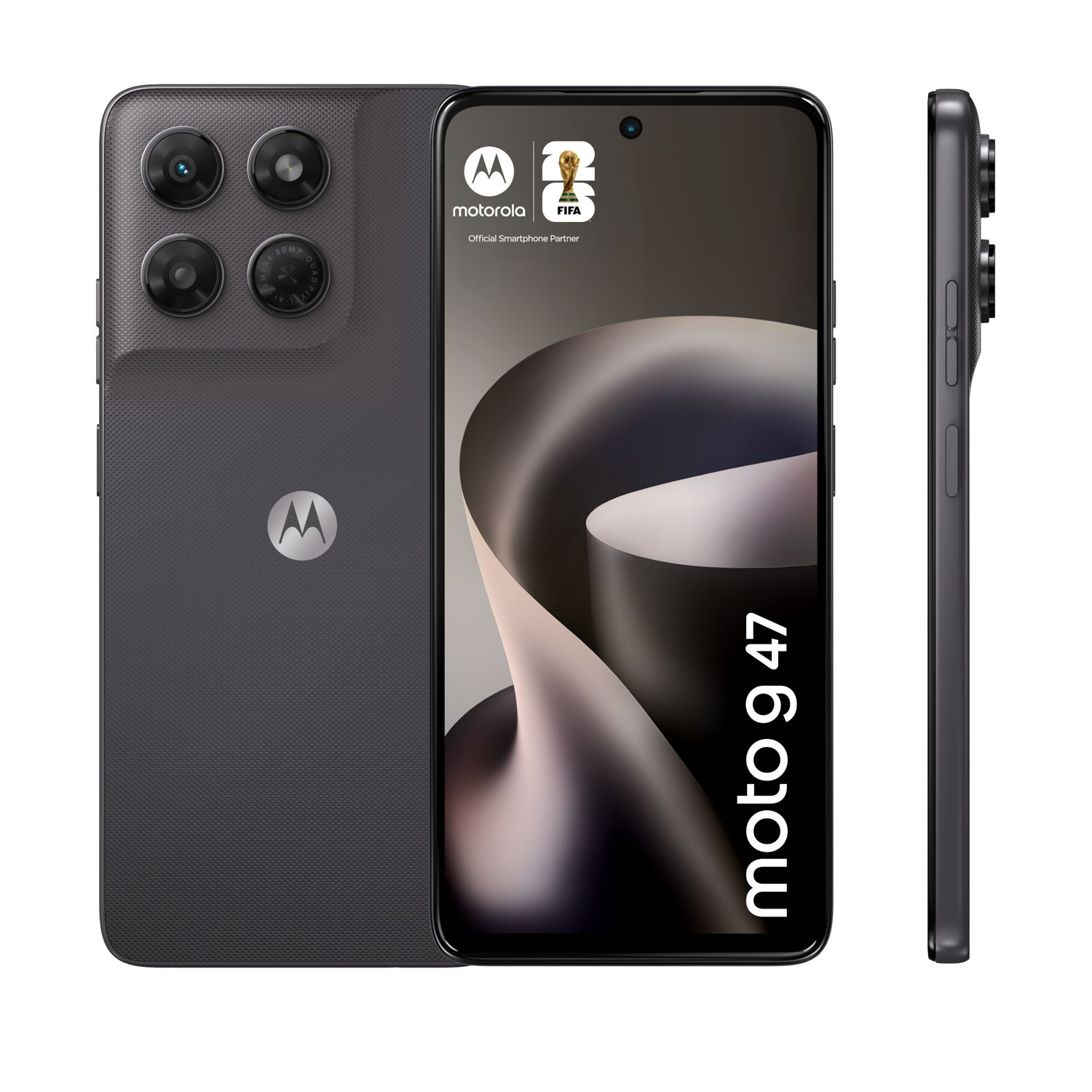 Graues Motorola Moto G 47 Handy mit vier Kameras auf der Rückseite und Vollbildschirm.