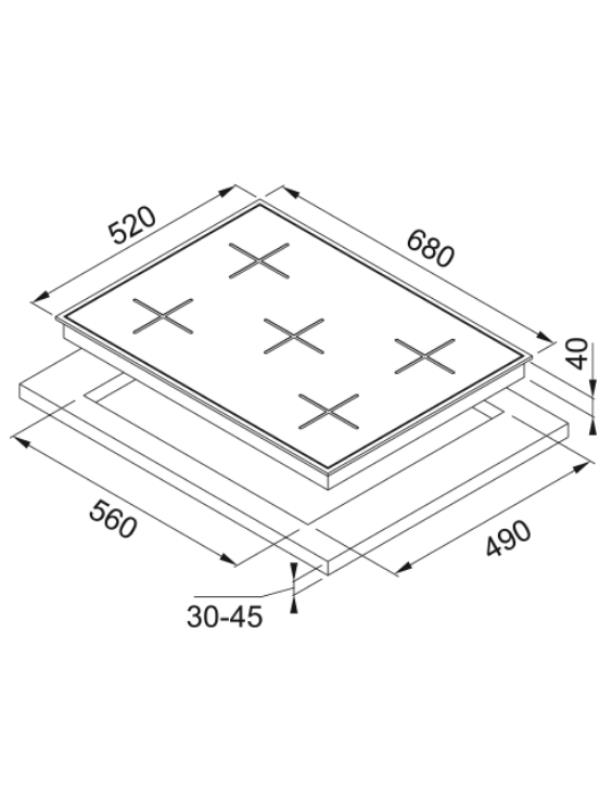 Ocak teknik çizimi boyutları: 680x520x40 mm.