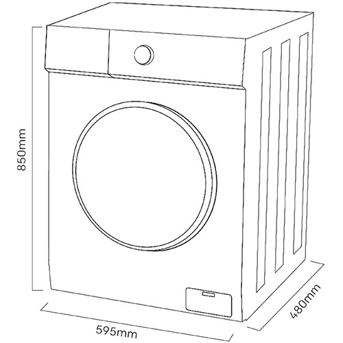 Lavadora con medidas 850x595x480mm y puerta redonda.