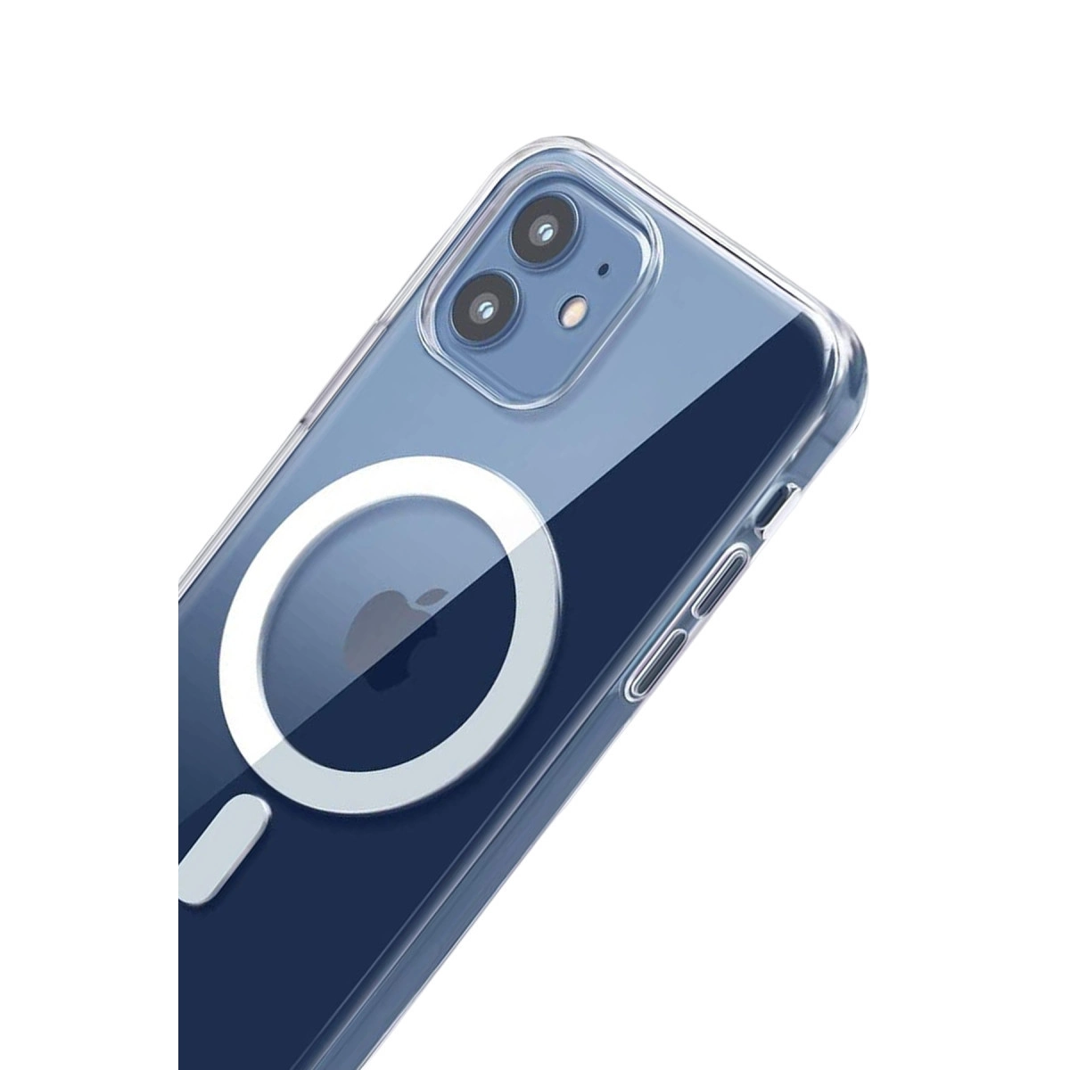 Mavi telefonda MagSafe halkası ve çift kameraya sahip şeffaf telefon kılıfı.