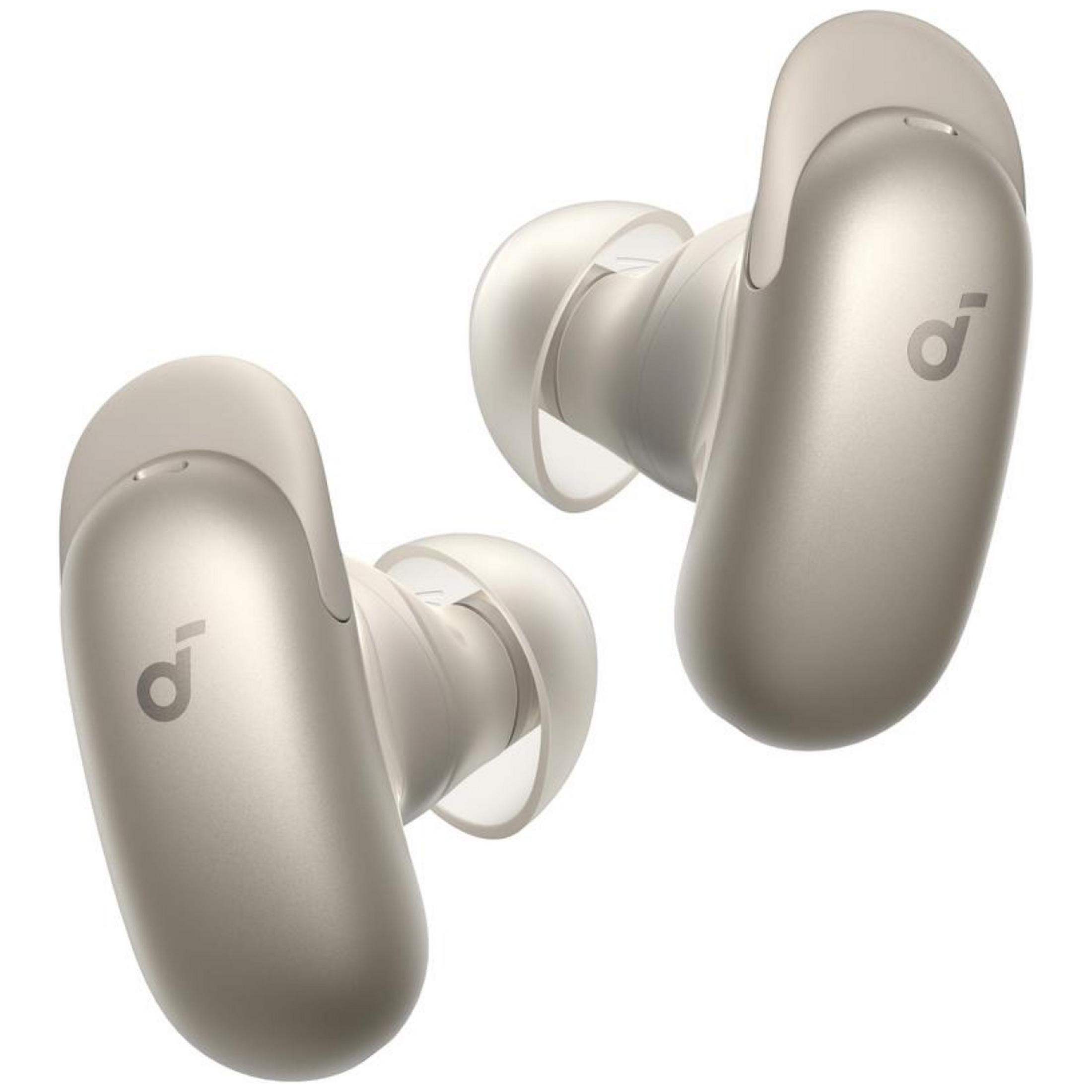 Due auricolari wireless dorati con logo Anker su sfondo bianco.