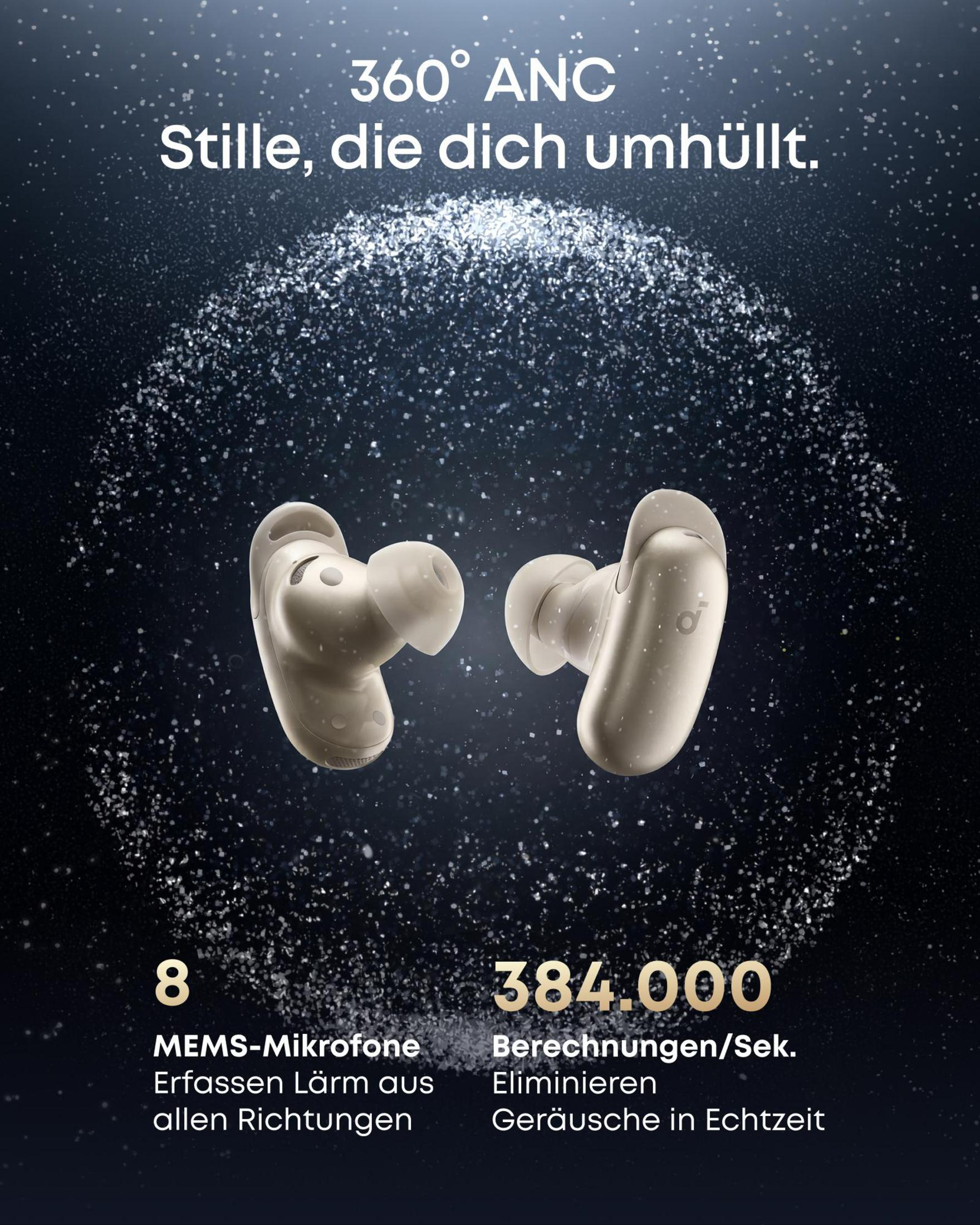 Due auricolari dorati con tecnologia ANC su sfondo scuro e scintillante.