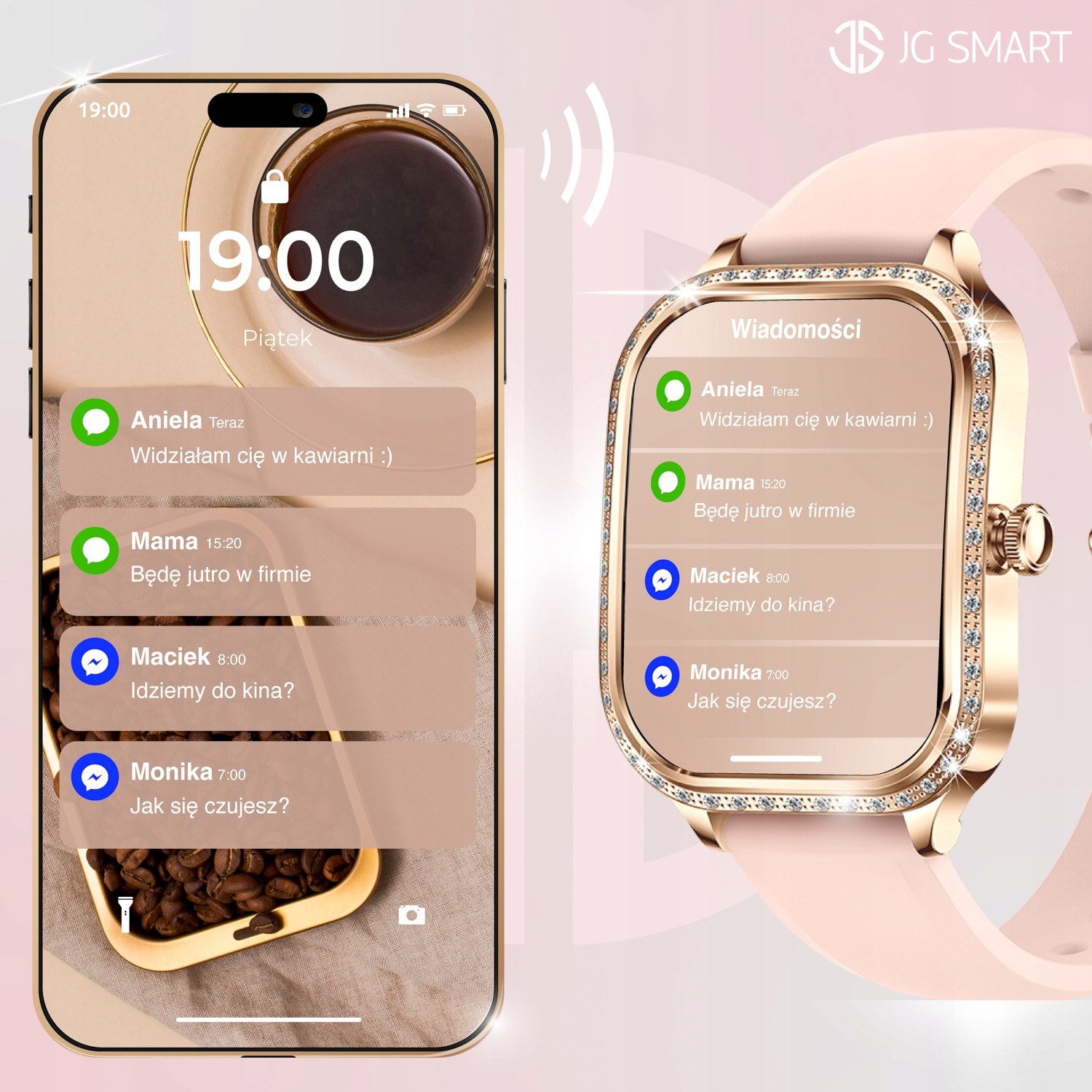 Smartfon i smartwatch obok siebie, oba wyświetlają powiadomienia.