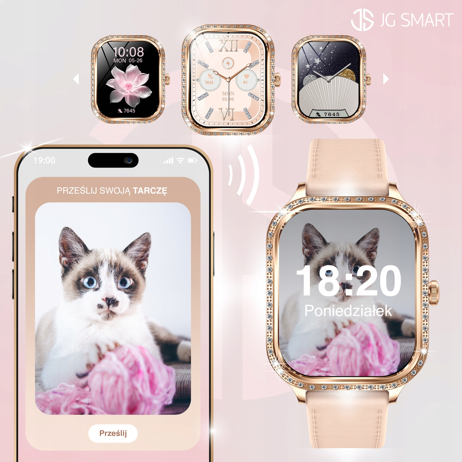 Smartfon i smartwatch wyświetlają motyw kota. Zegarek ma różowy pasek.