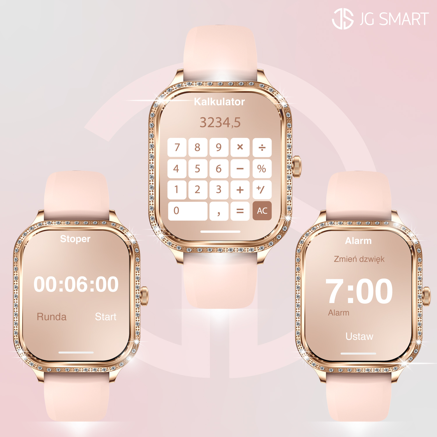 Trzy smartwatche: stoper (00:06:00), kalkulator (3234,5) i alarm (7:00).