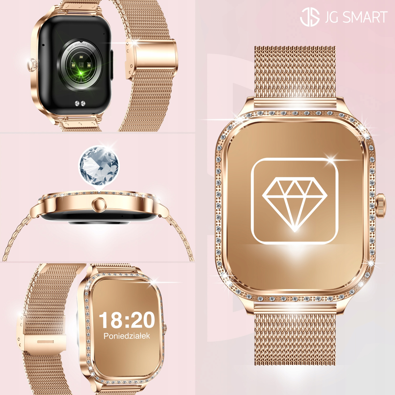 Złoty smartwatch z błyszczącymi kamieniami, wyświetlacz cyfrowy 18:20.