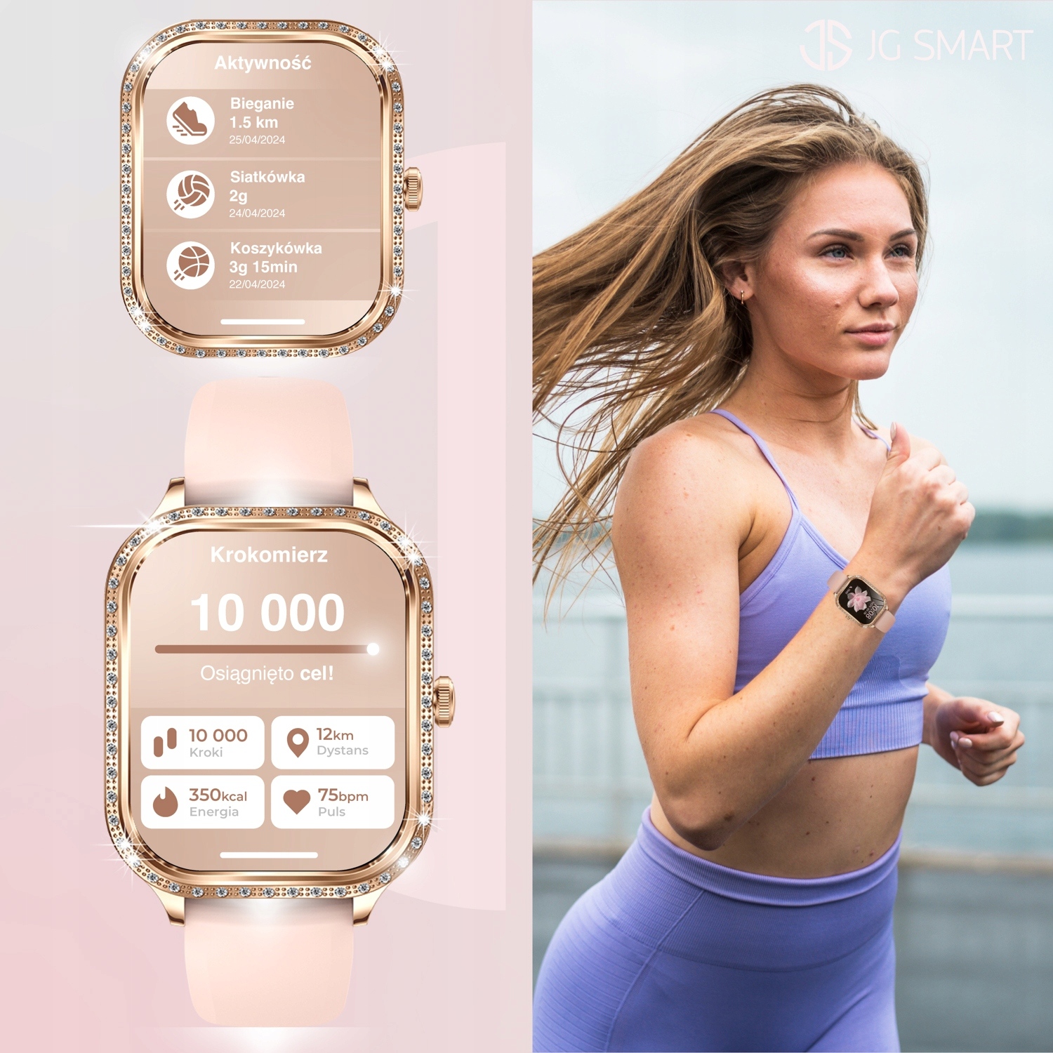 Kobieta biegnie, smartwatch pokazuje dane treningowe jak kroki i dystans.