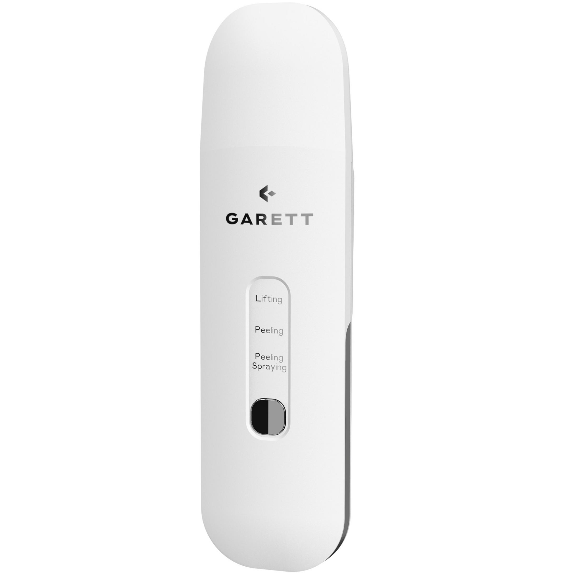 Un dispositivo per la cura della pelle bianco marca Garett che mostra le modalità Lifting, Peeling e Spray.