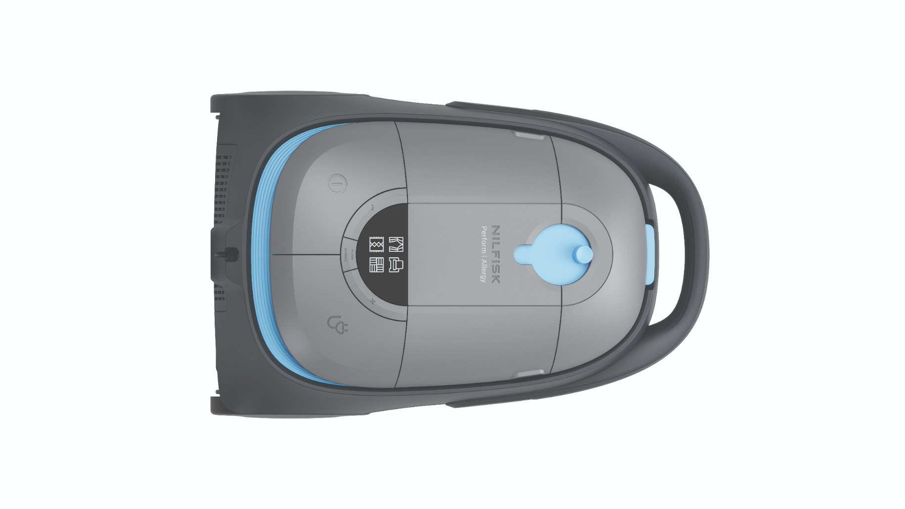 Aspiradora Nilfisk gris con detalles azules y botones de control.