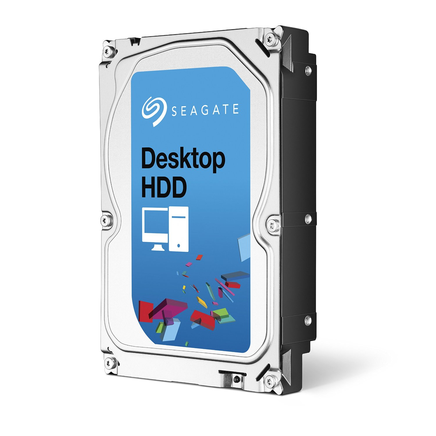 Seagate Desktop HDD mit blauem Etikett und bunten abstrakten Formen.
