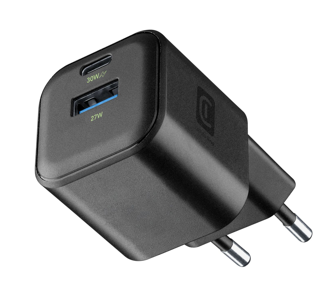 Caricatore nero con una porta USB-C e una porta USB-A.