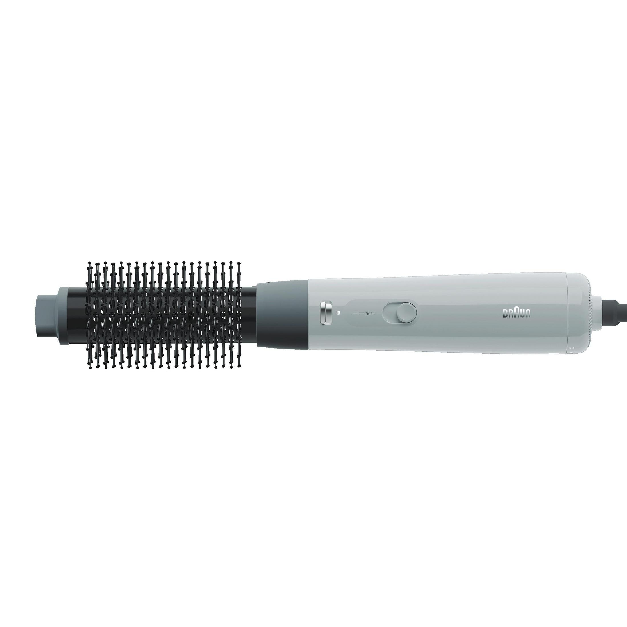 Ein heller elektrischer Haarstyler mit Rundbürste und Bedienelementen.