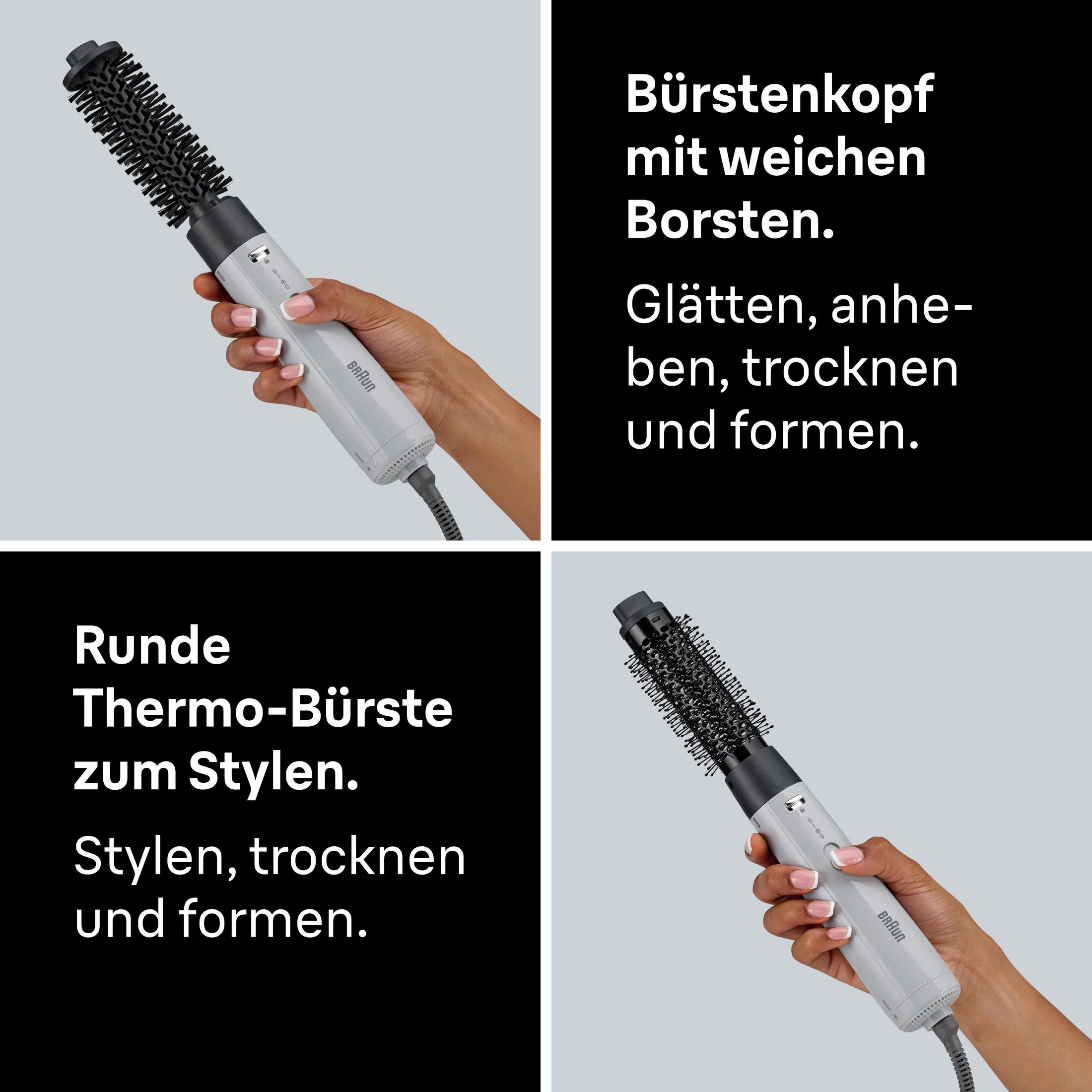 Hand hält einen Braun Haarglätter mit Rundbürste. Text über Styling.