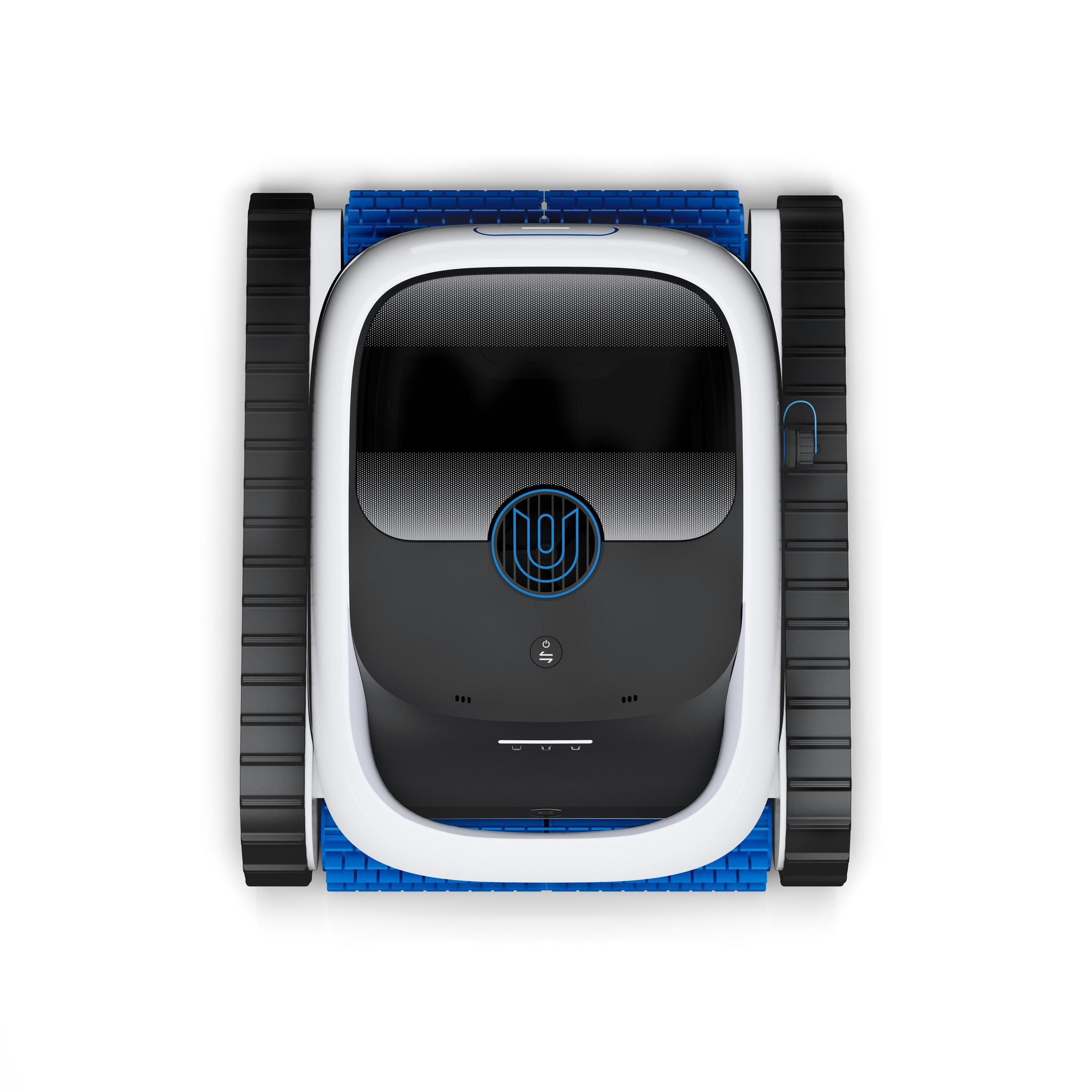 Ein schwarzer und blauer Roboter mit Raupenantrieb auf weißem Hintergrund.
