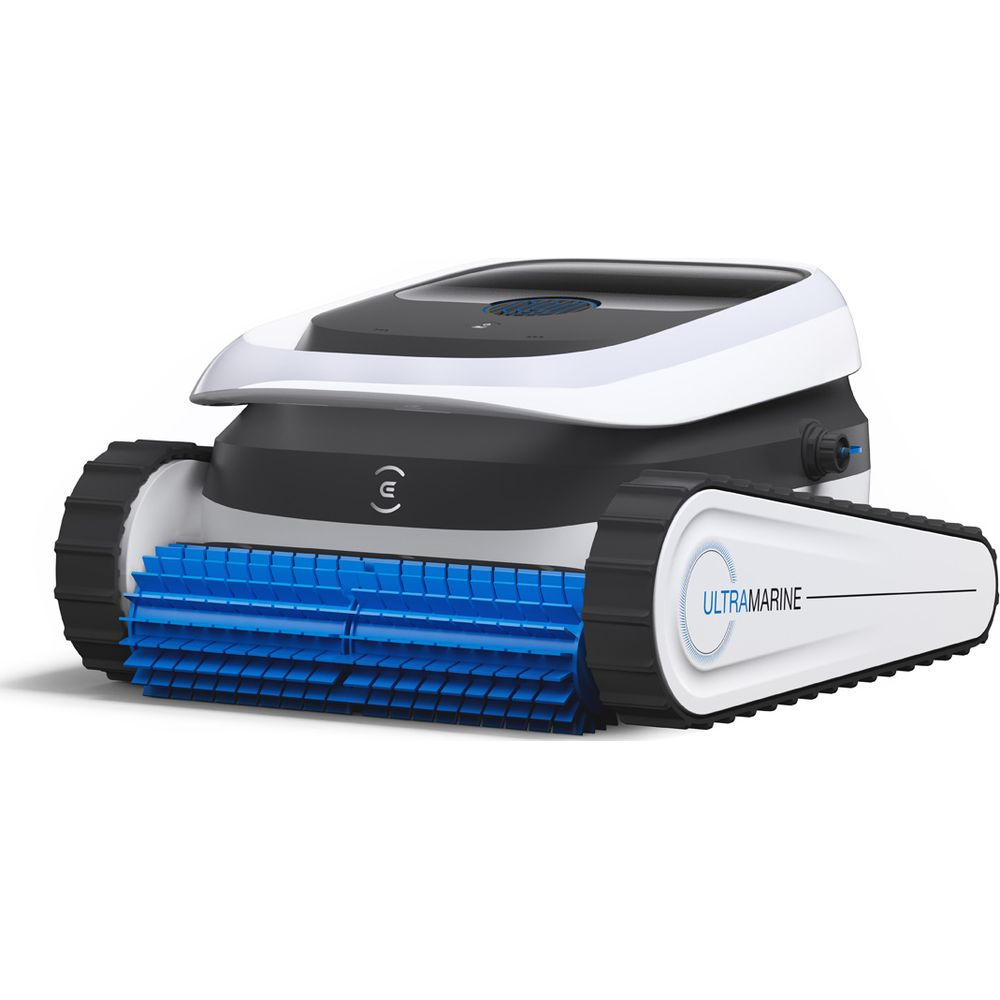 Weißer und schwarzer Roboter-Poolreiniger mit blauen Bürsten und schwarzen Ketten.