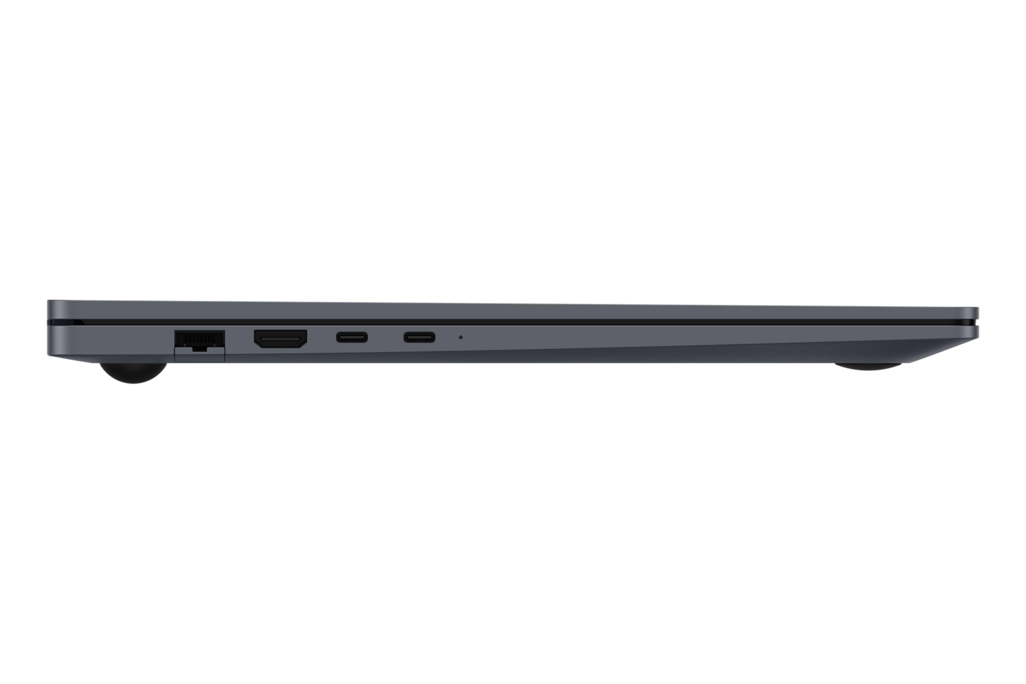 Graues Laptop-Profil mit Anschlüssen: Ethernet, HDMI, 2x USB-C.