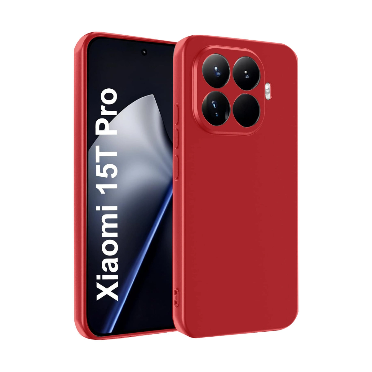 Dört kamera lensli kırmızı telefon kılıfı ve ekranda Xiaomi 15T Pro yazısı.