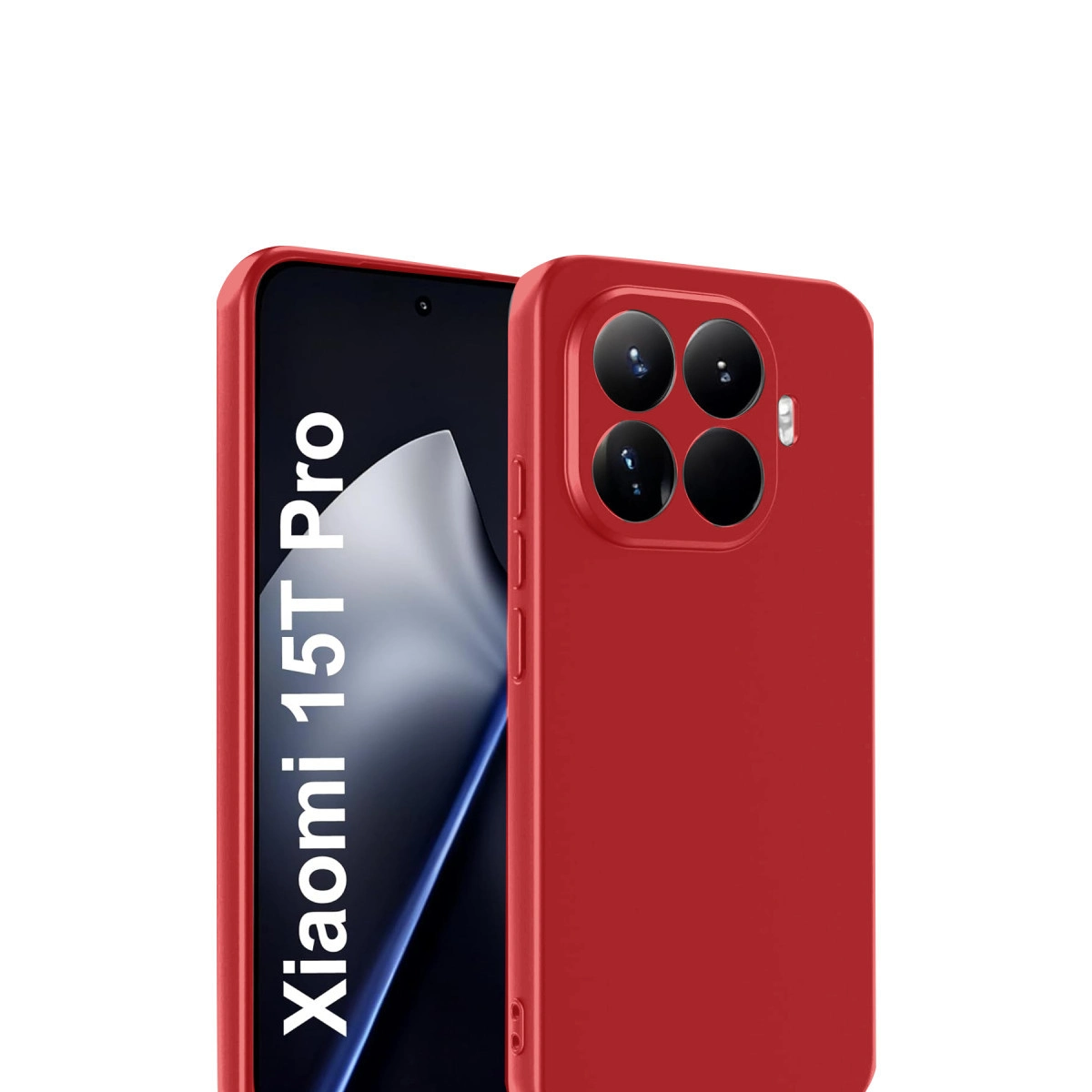 Dört kamera lensli kırmızı bir telefon kılıfı gösteriliyor. Telefonda 'Xiaomi 15T Pro' yazıyor.